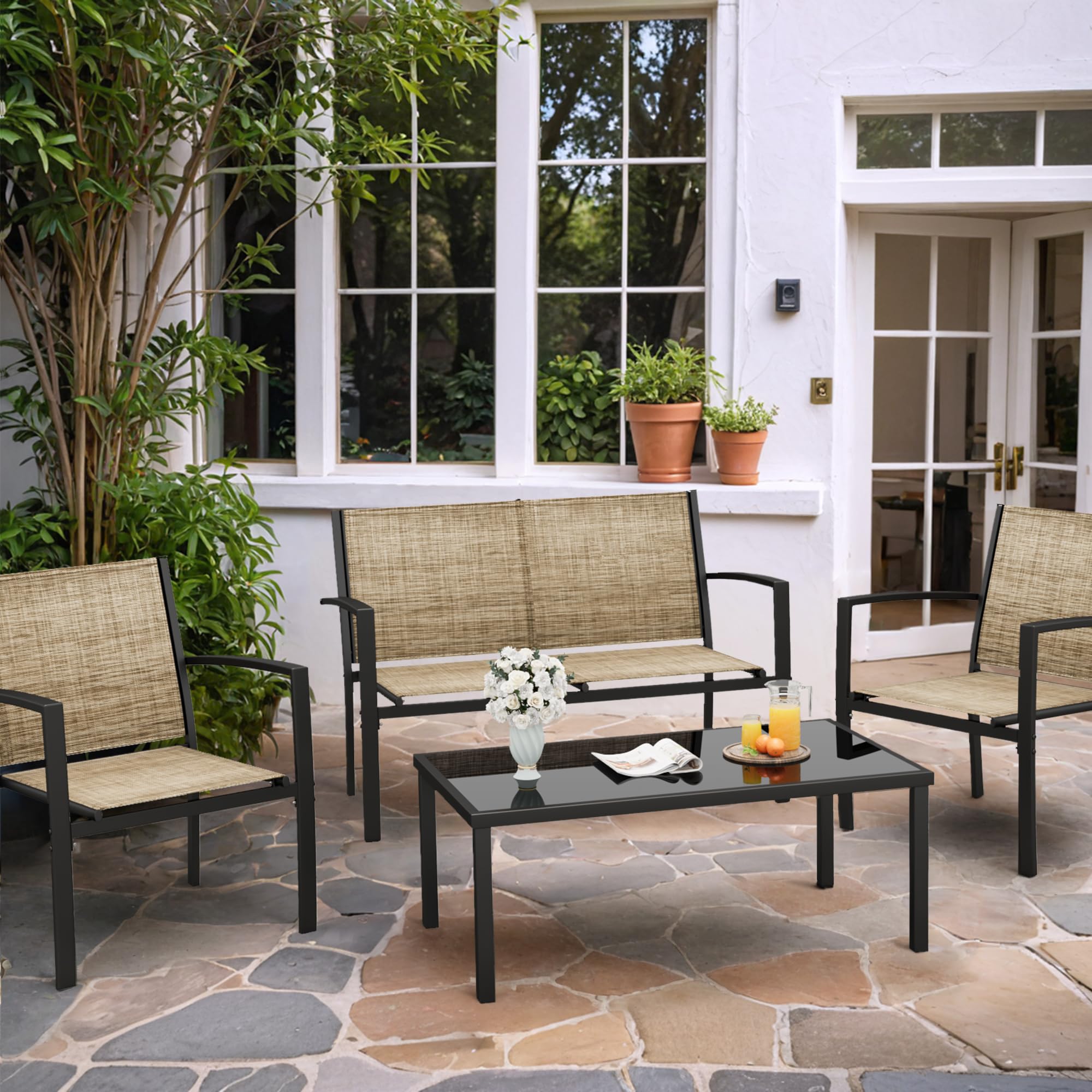 Rankok 4-Piece Modern Outdoor Patio Furniture Set - Textilene Wicker Conversation Set with Loveseat & Coffee Table - Durable All-Weather Patio Chairs for Porch, Lawn, Poolside, Balcony & Backyard (Beige) | Perfect for Outdoor Entertaining, Relaxation & Pool Areas