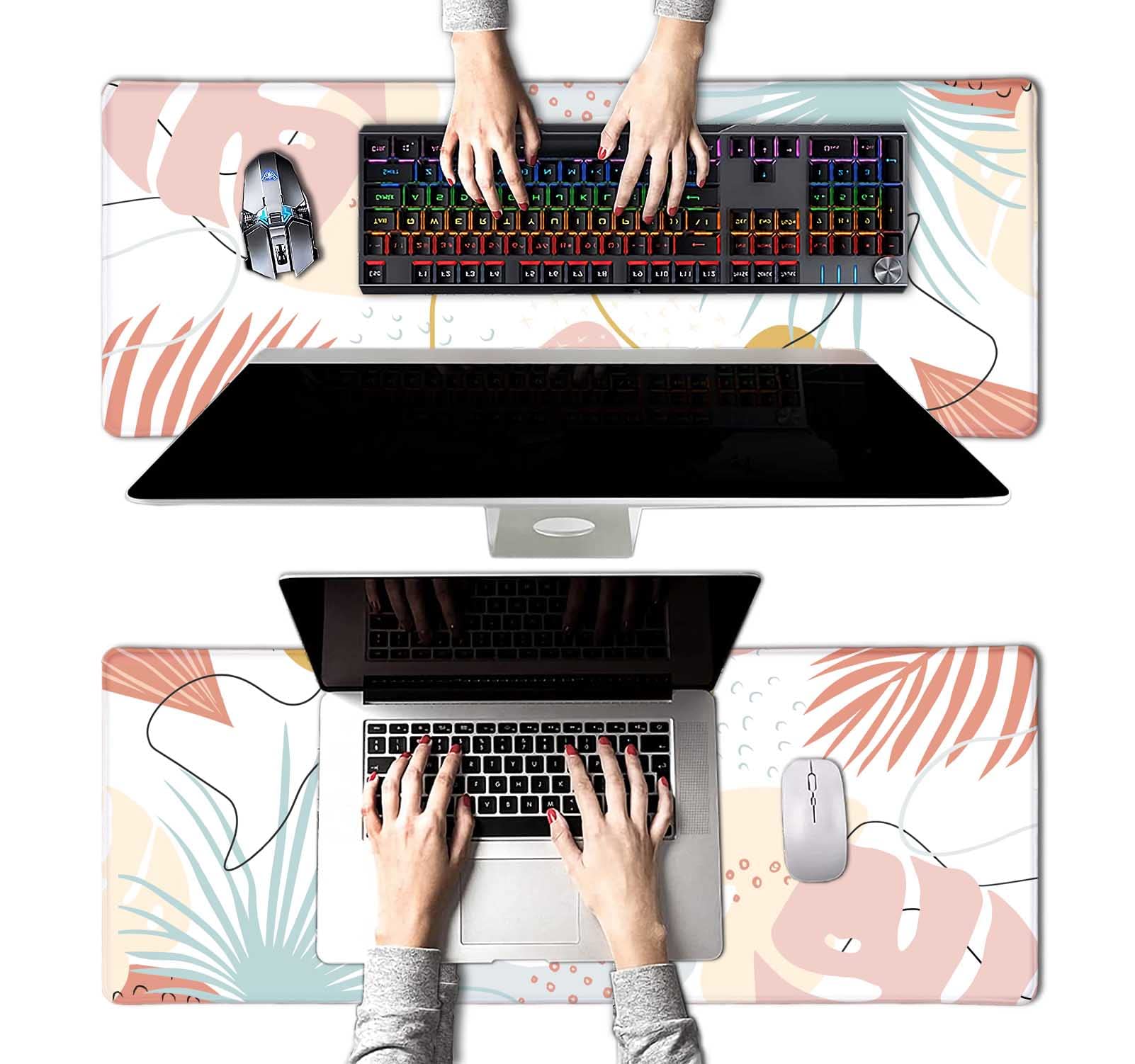 Pink and Blue Abstract Leaves Tropical Large Mouse Pad - Non-Slip Rubber Base with Stitched Edges - 31.5 x 11.8 Inch Desk Mat for Women - Perfect for Work, Laptop, Gaming & Office Decor