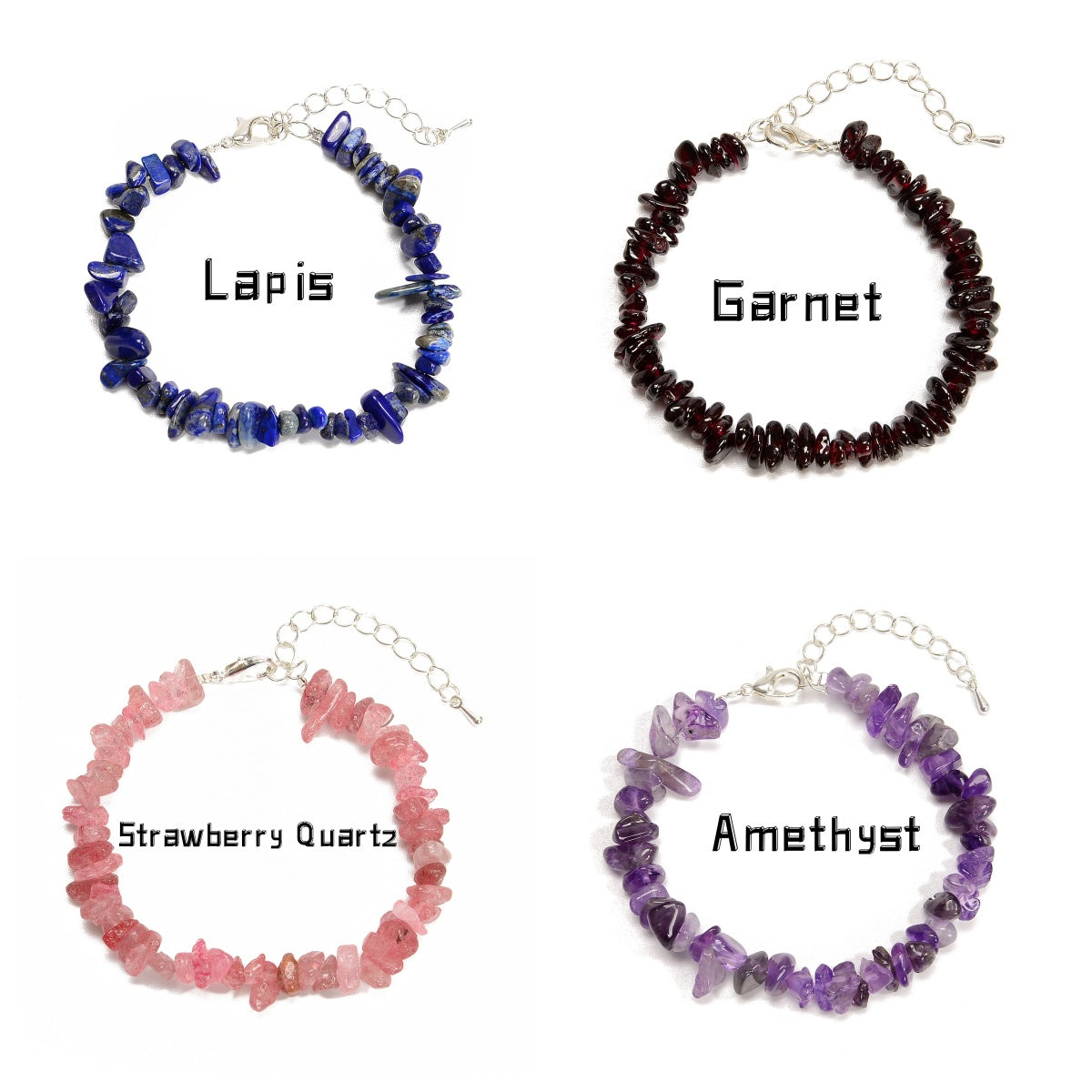 01 Mixed Gemstone Chips Bracelet with Silver Plated Clasp - 5mm & 8mm Beads - Adjustable 7