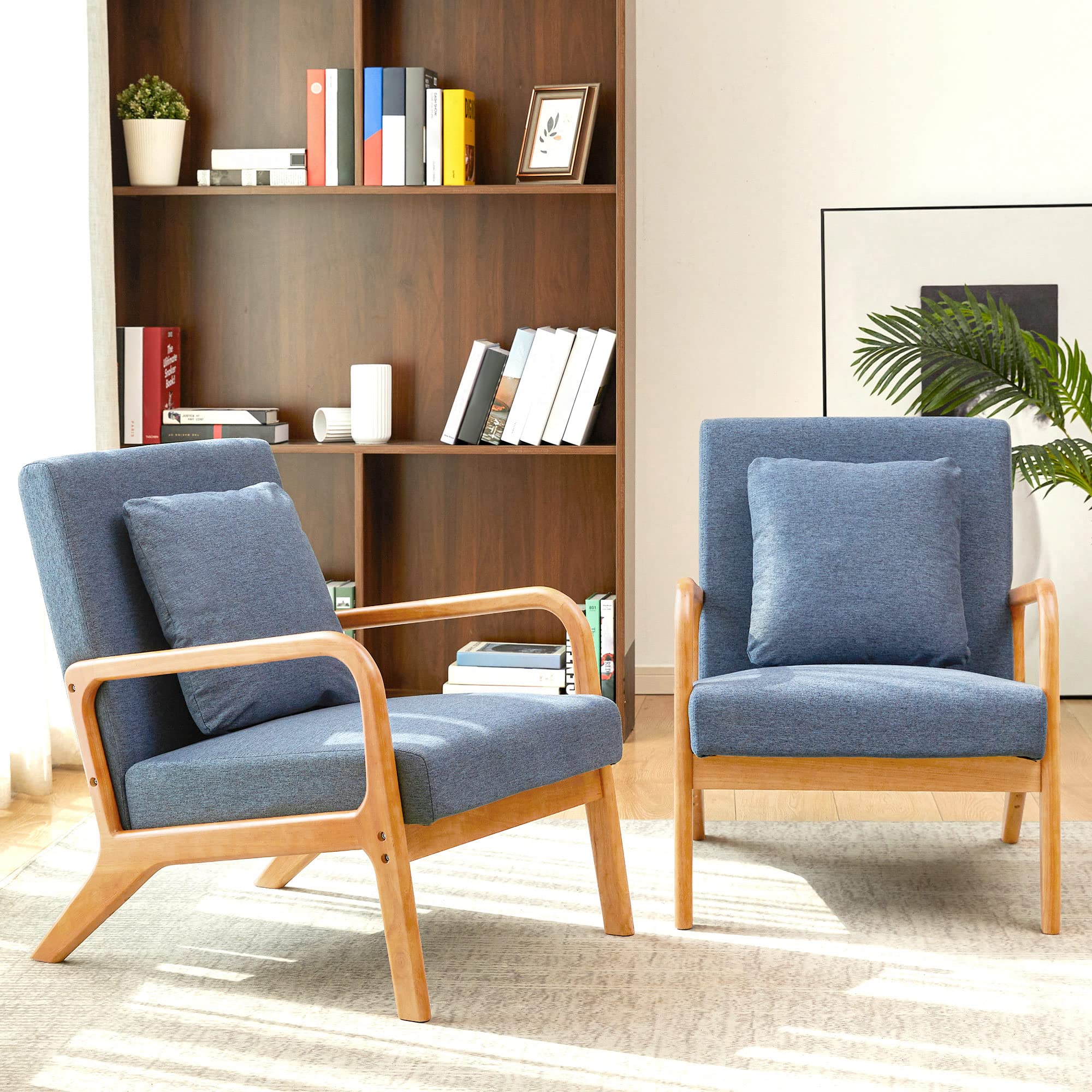 Mid-Century Modern Accent Chair - Solid Wood Frame Armchair with Soft Cushion & Pillow - Comfortable Deeper Sitting Chair for Living Room, Bedroom, Balcony - Perfect for Relaxing, Reading & Home Decor (Navy Blue)