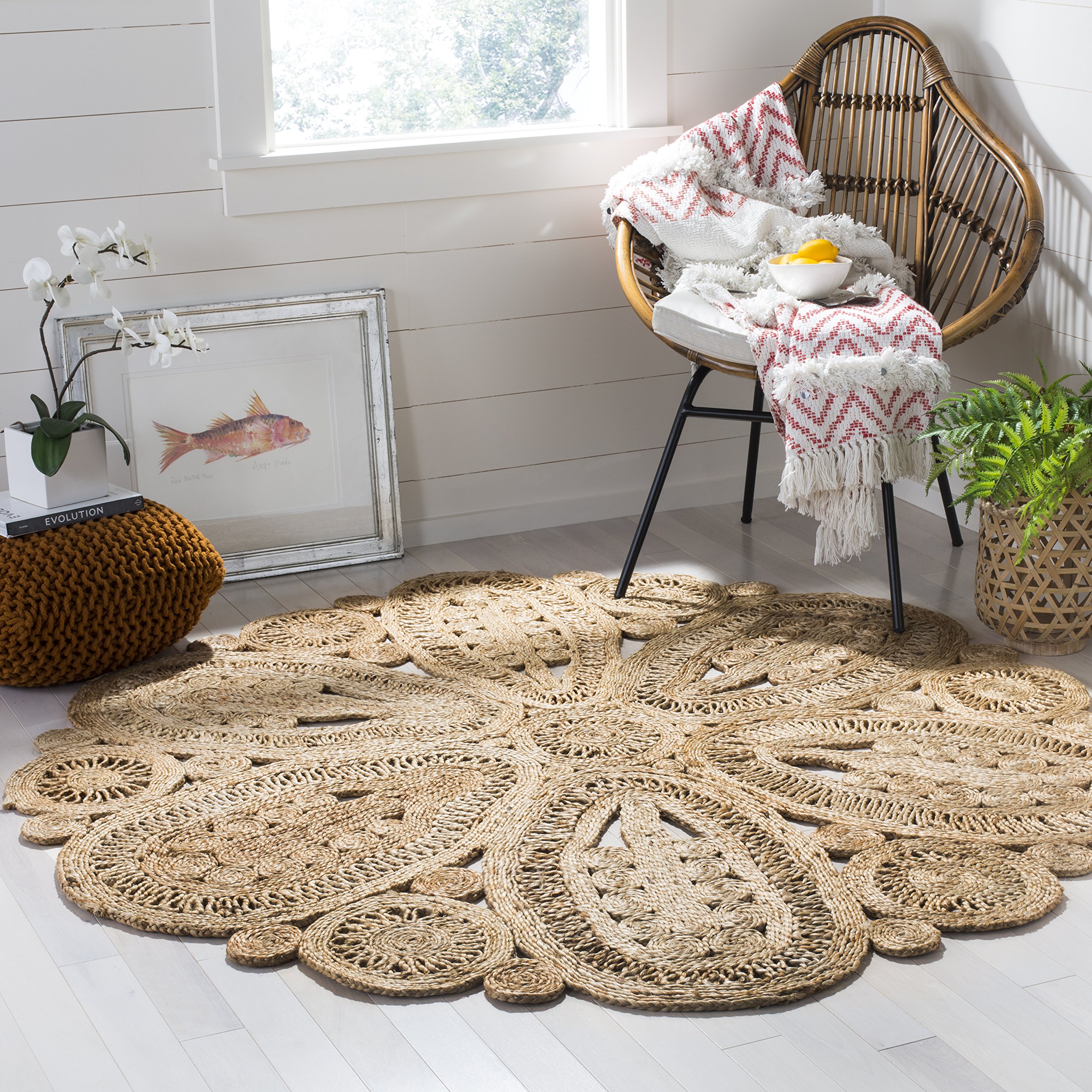 SAFAVIEH Natural Fiber Collection Handmade Jute Area Rug - 8' Round, Boho Farmhouse Style, Durable for High Traffic Living Room & Bedroom (NF360A) | Perfect for Cozy Home Decor, Boho Chic Spaces & Rustic Interior Design