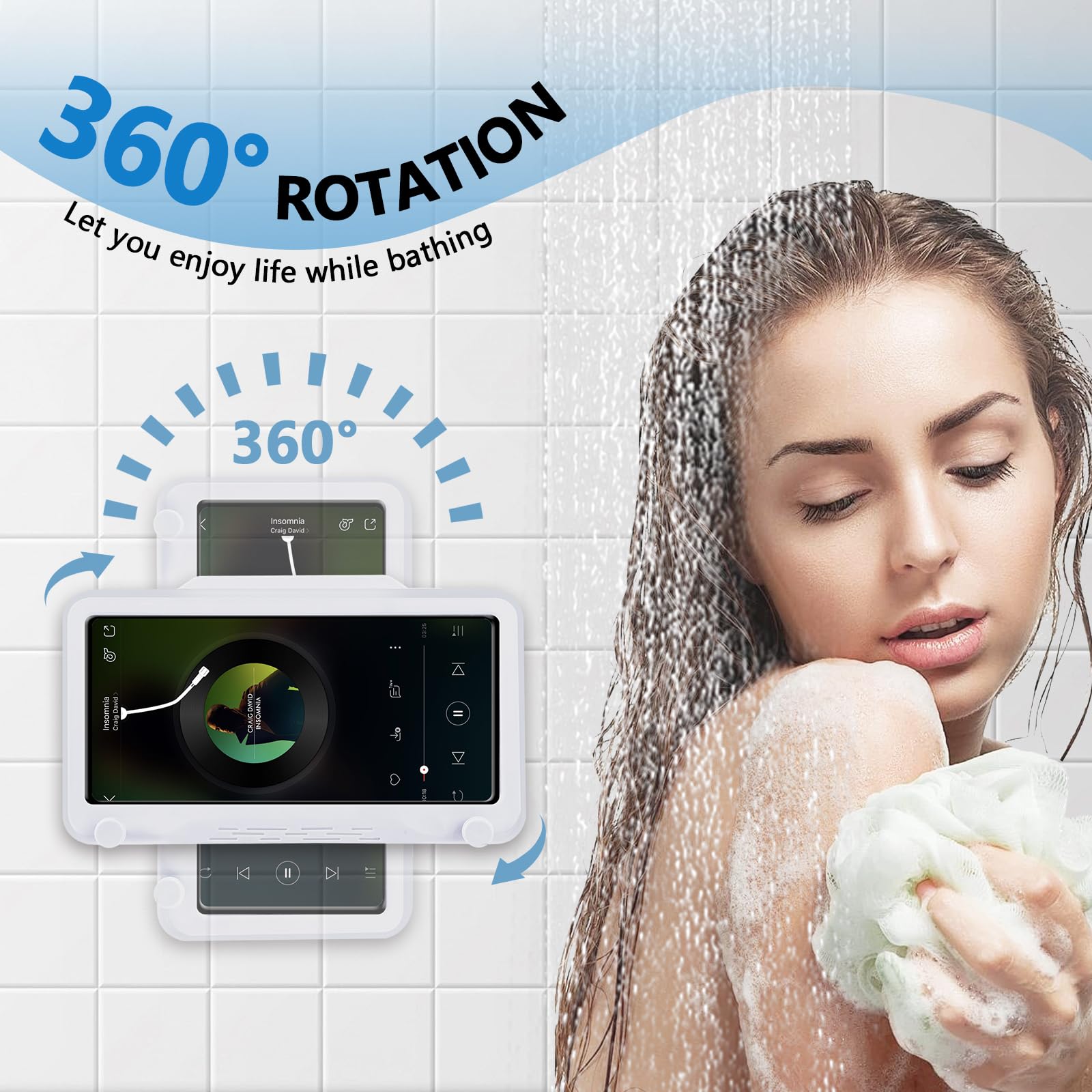 TEKING 360° Rotating Waterproof Shower Phone Holder - Touch Sensitive Screen, Adjustable Wall Mount for Bathroom - Compatible with iPhone 14/13/12, Samsung Galaxy S23/S22 (4-7 Inch) - Perfect for Showering, Bathing & Kitchen Use (White)