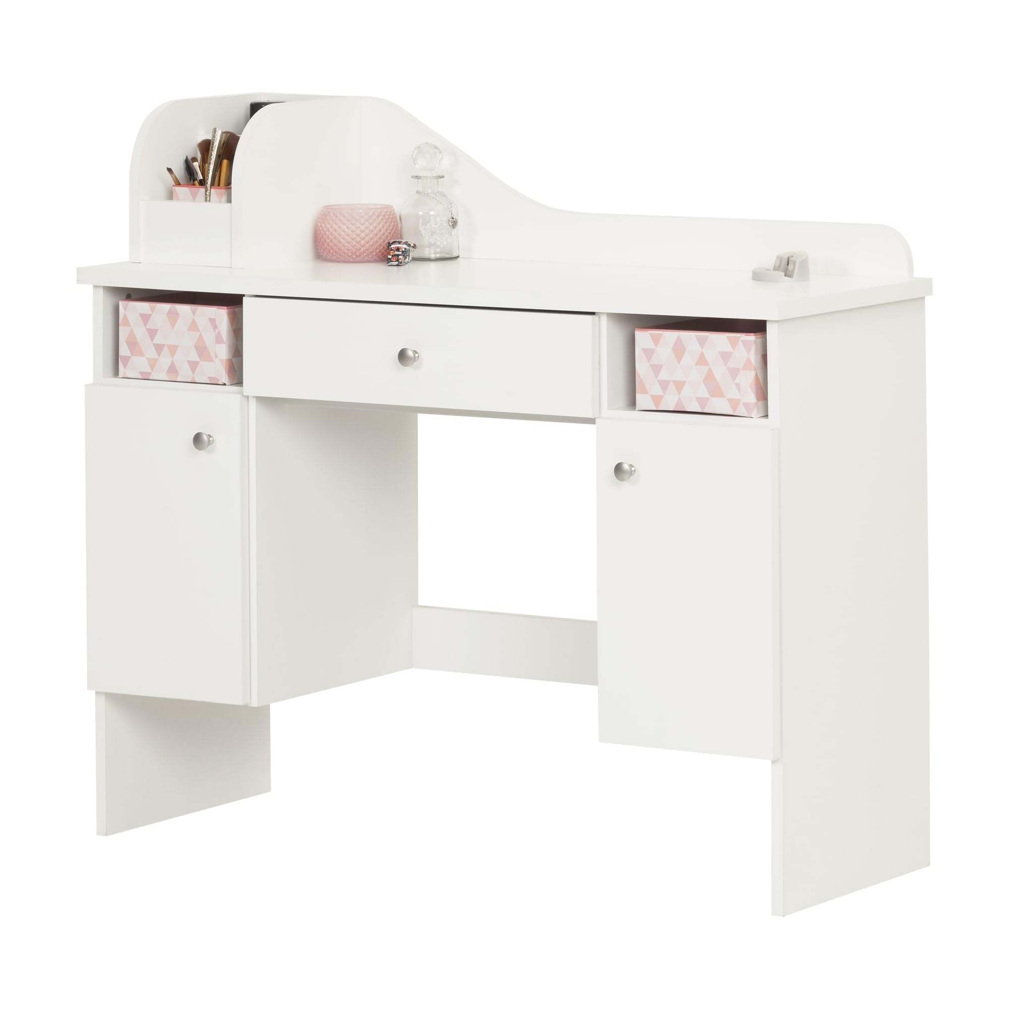 South Shore Makeup Vanity Dressing Table with 2 Doors & Storage Baskets, Pure White - Perfect for Bedroom, Bathroom & Beauty Salon Organization