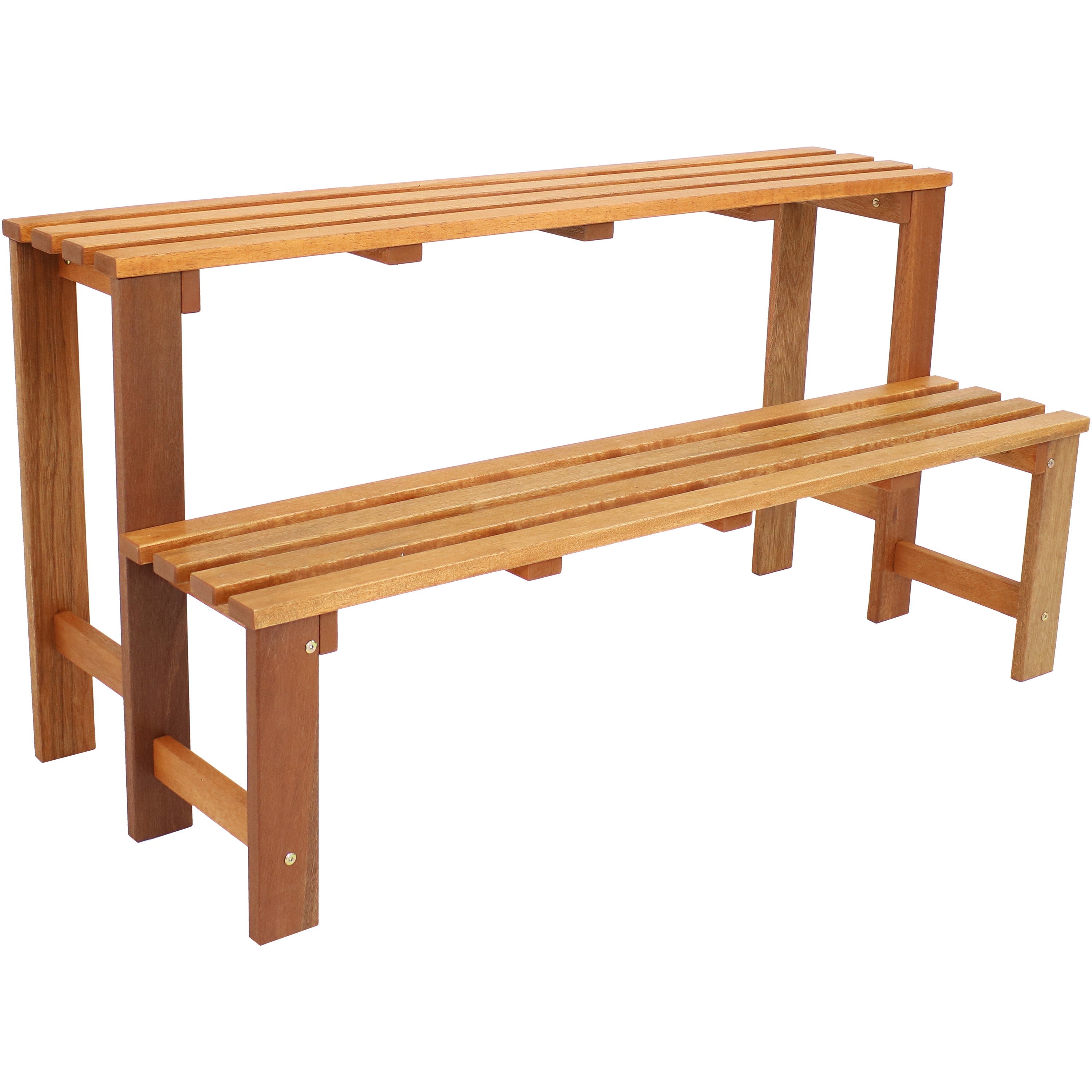 Sunnydaze 2-Tier Meranti Wood Outdoor Plant Stand with Teak Oil Finish - Perfect for Patio, Garden, and Balcony Decor