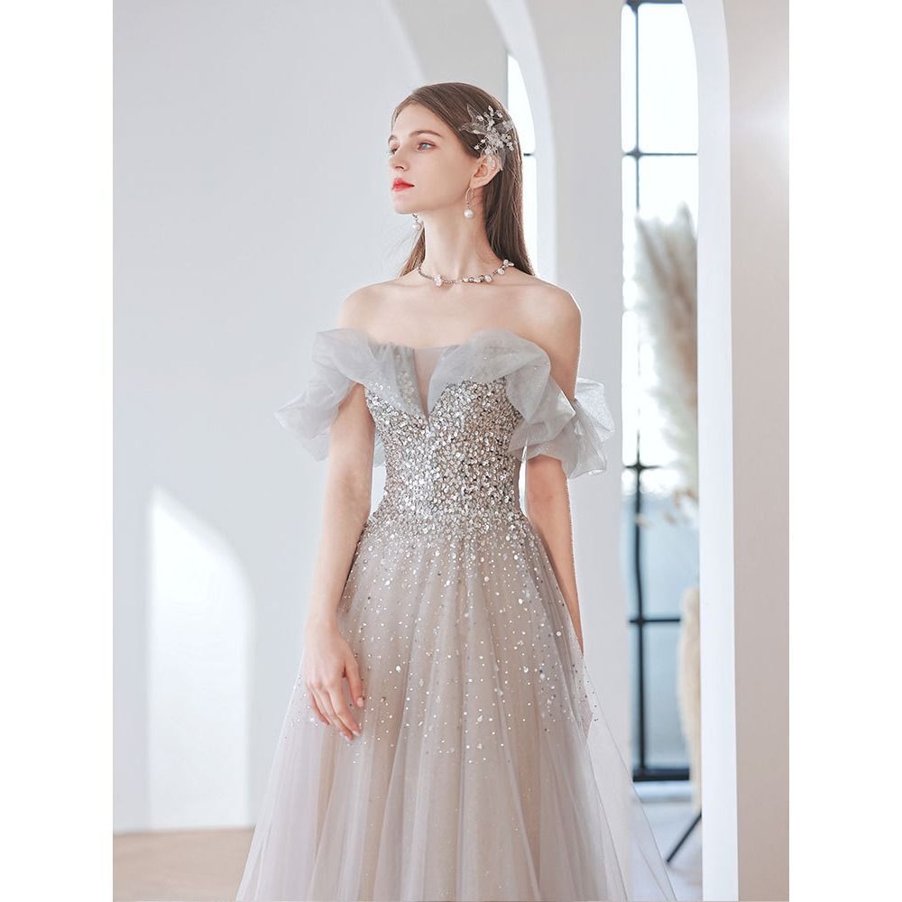 Sparkly Gray Off Shoulder Sequins Long Prom Dress - Elegant Formal Evening Gown for Homecoming, Wedding Guest & Special Occasions