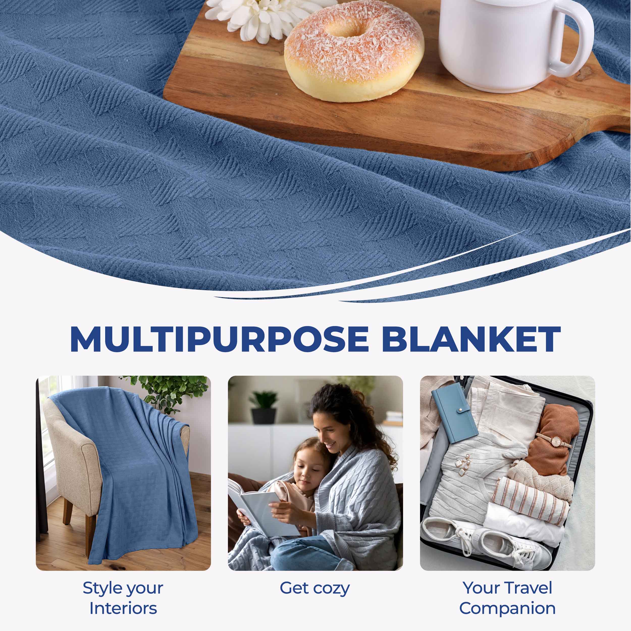 Soft Basketweave All-Season Cotton Bed Blanket & Sofa Throw - Lightweight Breathable Blanket for Bedroom, Living Room, Travel and Outdoor Use