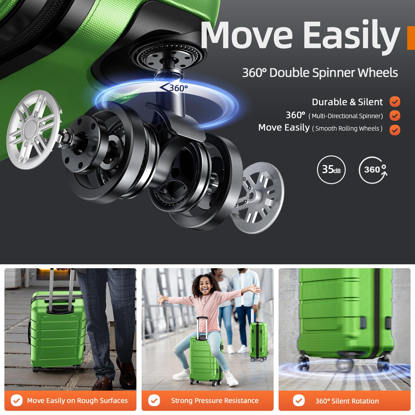 SHOWKOO Expandable 3-Piece Luggage Set - Durable PC+ABS Suitcase with Double Spinner Wheels & TSA Lock (Green) - Perfect for International Travel, Family Vacations & Business Trips
