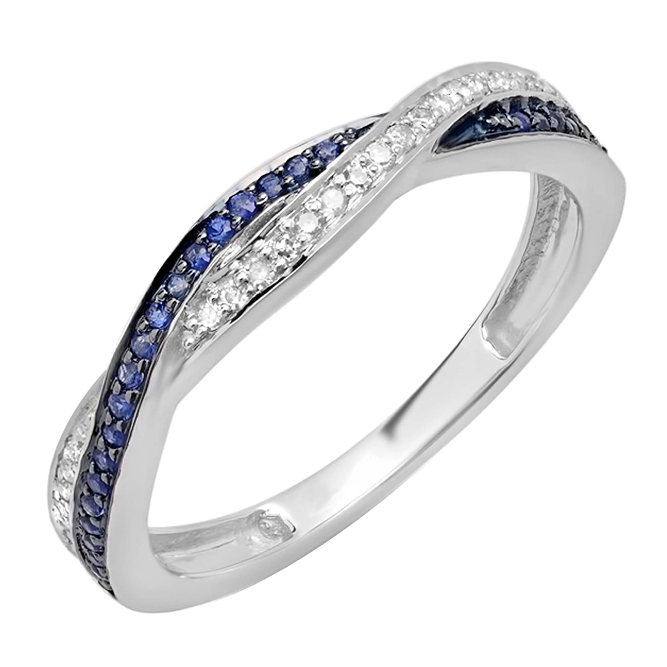Exquisite 10K Solid Gold Round Blue Sapphire & White Diamond Crisscross Engagement Ring for Women | Dazzlingrock Collection | Perfect for Proposals, Anniversaries & Special Occasions