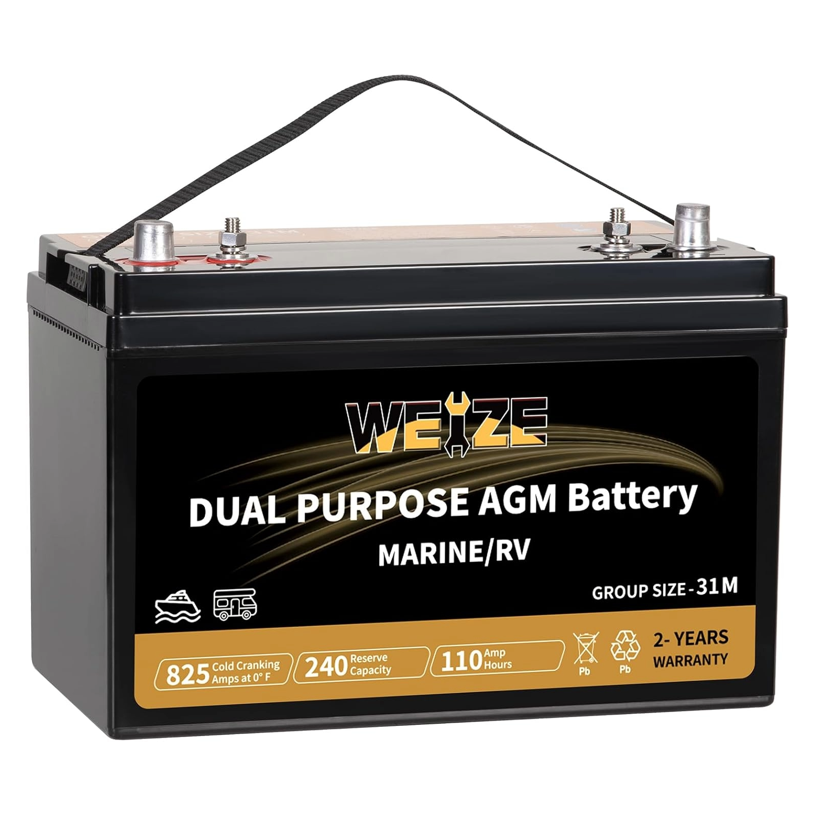 WEIZE BCI Group 31M AGM Battery - 12V 110AH, 240RC 825CCA - Dual Purpose Starter & Deep Cycle Battery for Marine, RV, Boats, Solar Power & Off-Grid Applications - Maintenance-Free Sealed Lead Acid Battery