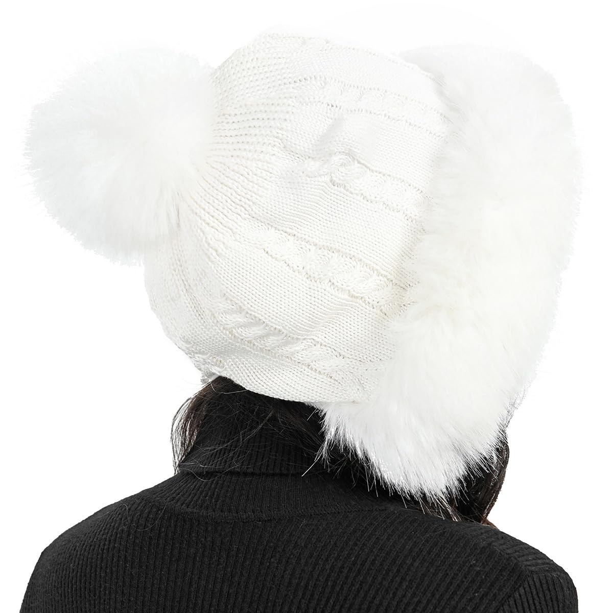 S.ROMZA Women's Faux Fur Knitted Beanie Hat with Pompom - Warm Winter Skull Cap with Ear Flaps - Soft Fleece Lined Snow Hat for Cold Weather - Perfect for Skiing, Snowboarding & Outdoor Activities
