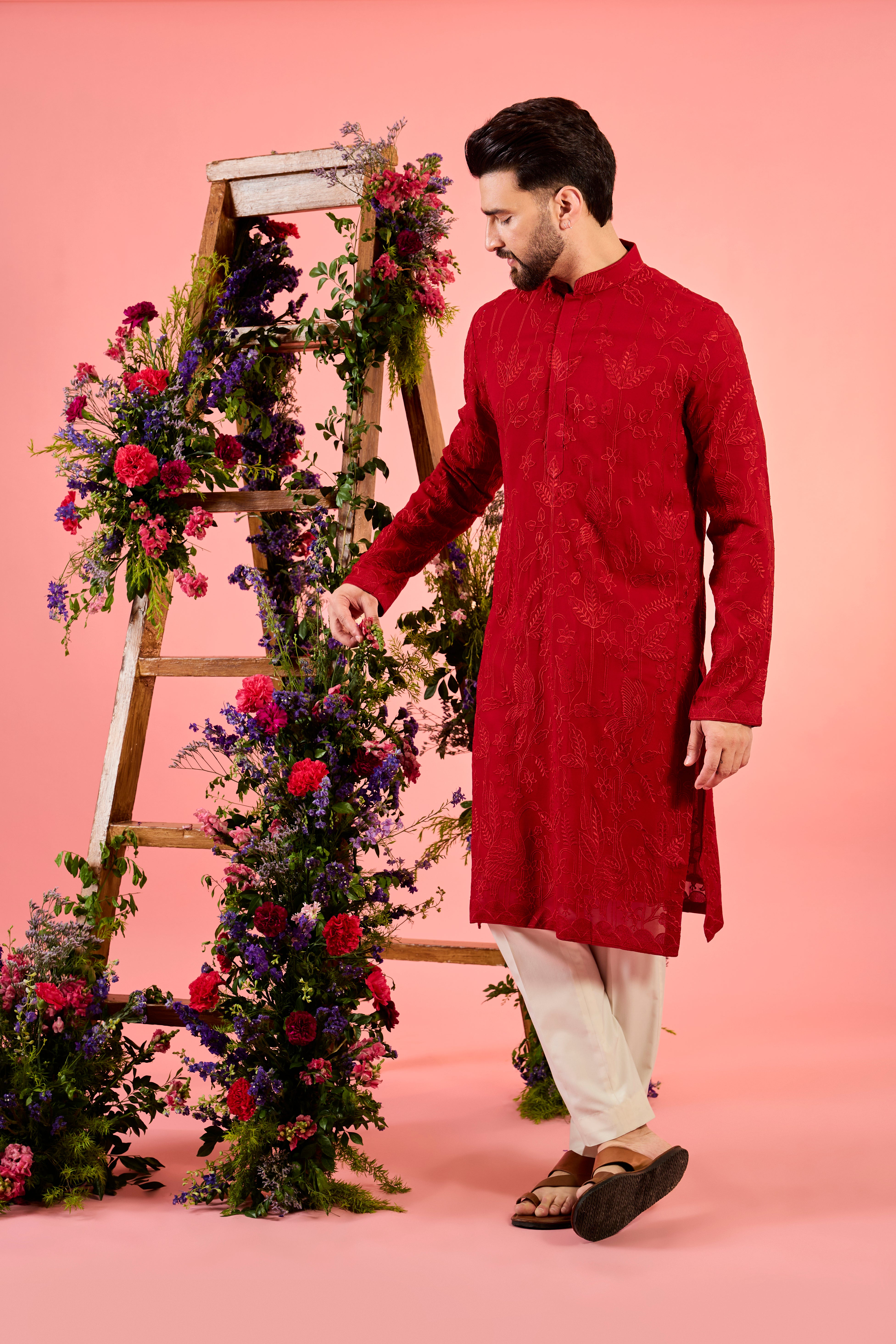 Elegant Red Chikankari Kurta with Delicate Floral & Fauna Embroidery - Perfect for Festivals, Weddings & Ethnic Occasions