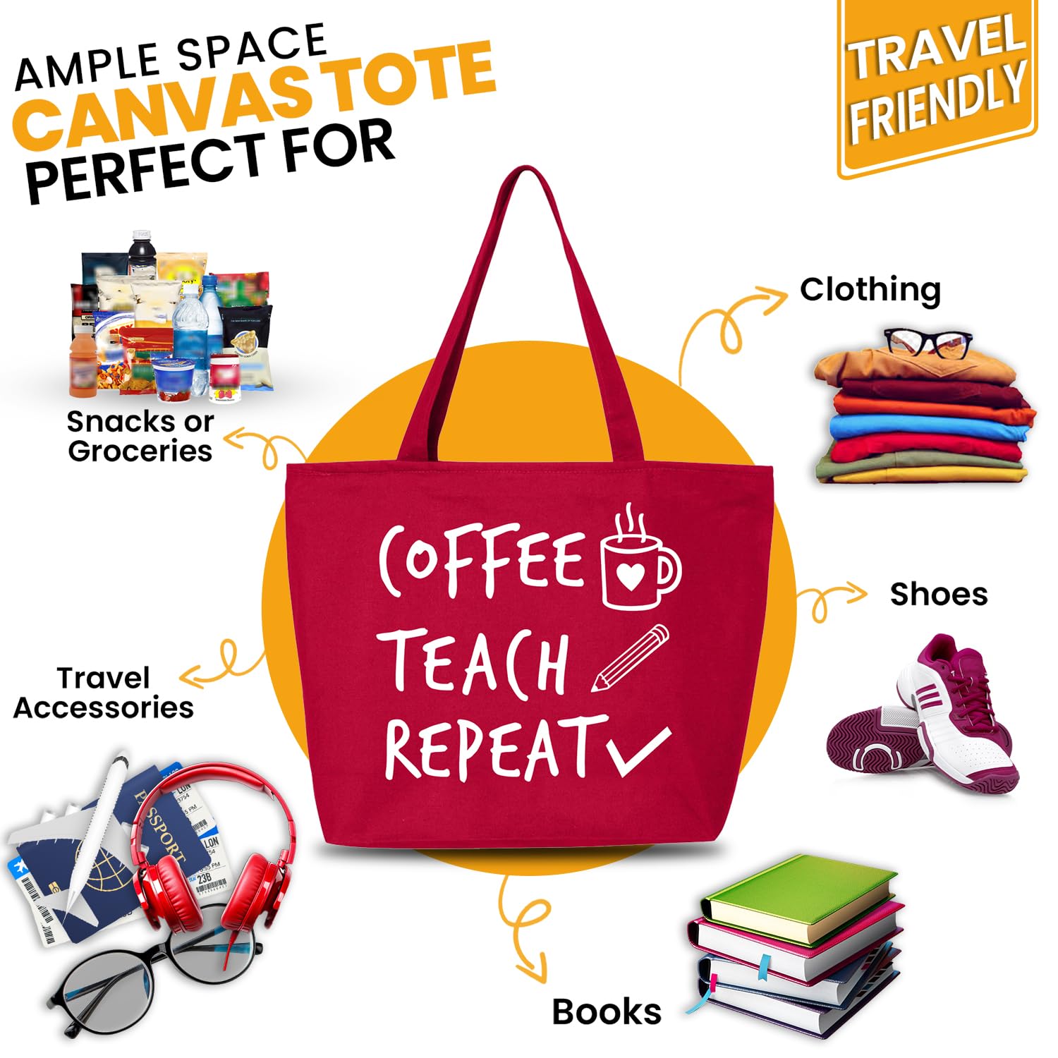 Shop4Ever Coffee Teach Repeat Teacher Appreciation Gift - Heavy Duty Zippered Canvas Tote Bag, Reusable Grocery Shopping Bag for Educators - Perfect for School, Work, and Everyday Use
