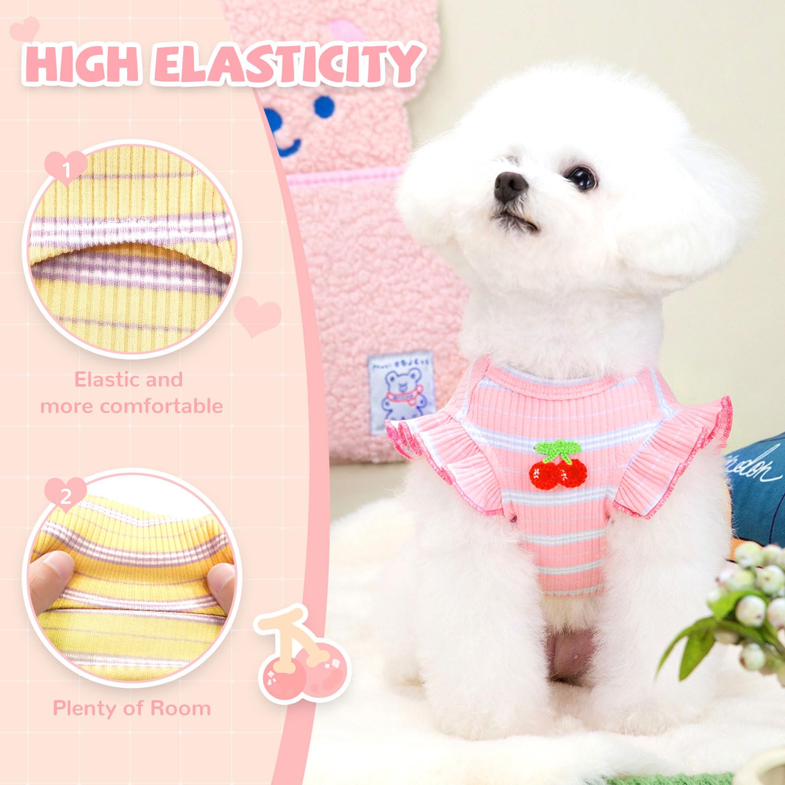 2 Pack Striped Small Dog T-Shirts - Cute Cherry Girl Pet Clothes for Small Dogs & Cats, Breathable Soft Cotton Sleeveless Vest, Spring Summer Puppy Outfits (Pink + Yellow, Medium) - Perfect for Daily Walks, Pet Parties & Photo Shoots