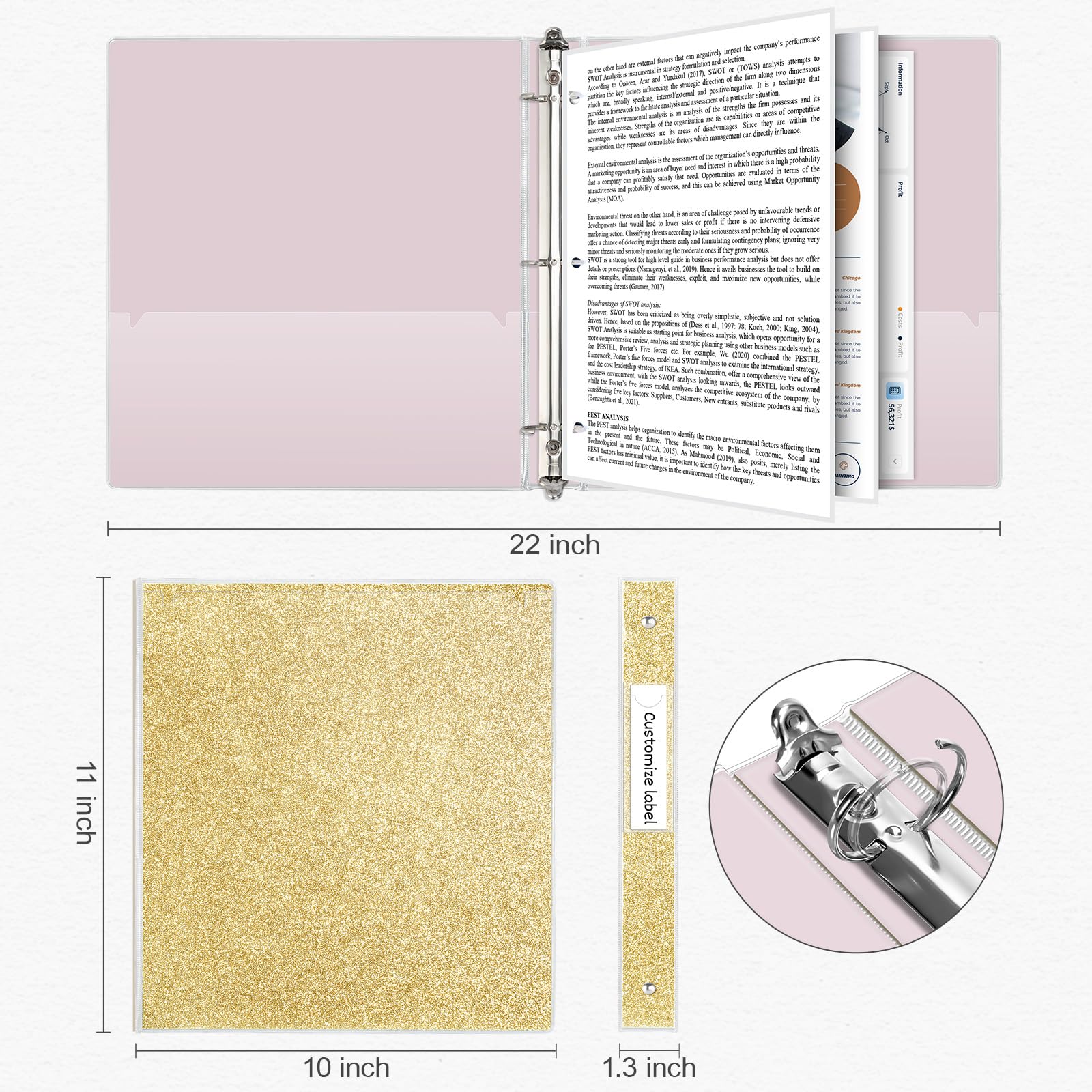 3 Ring Binder 1 Inch Round Rings - Gold Letter Size Binder Holds 300 Sheets (8.5