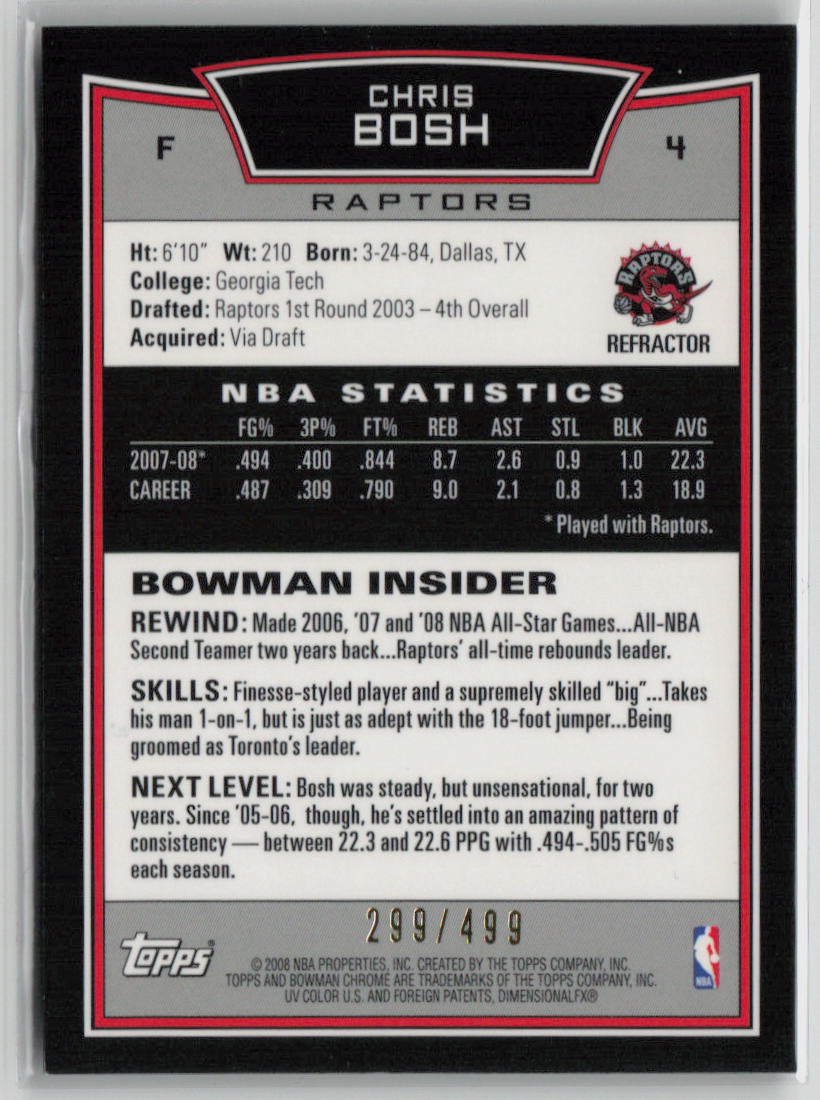 2008-09 Bowman Chrome Refractor Chris Bosh Basketball Card #F4 299/499 - Rare Collectible for NBA Memorabilia Fans & Sports Card Investors