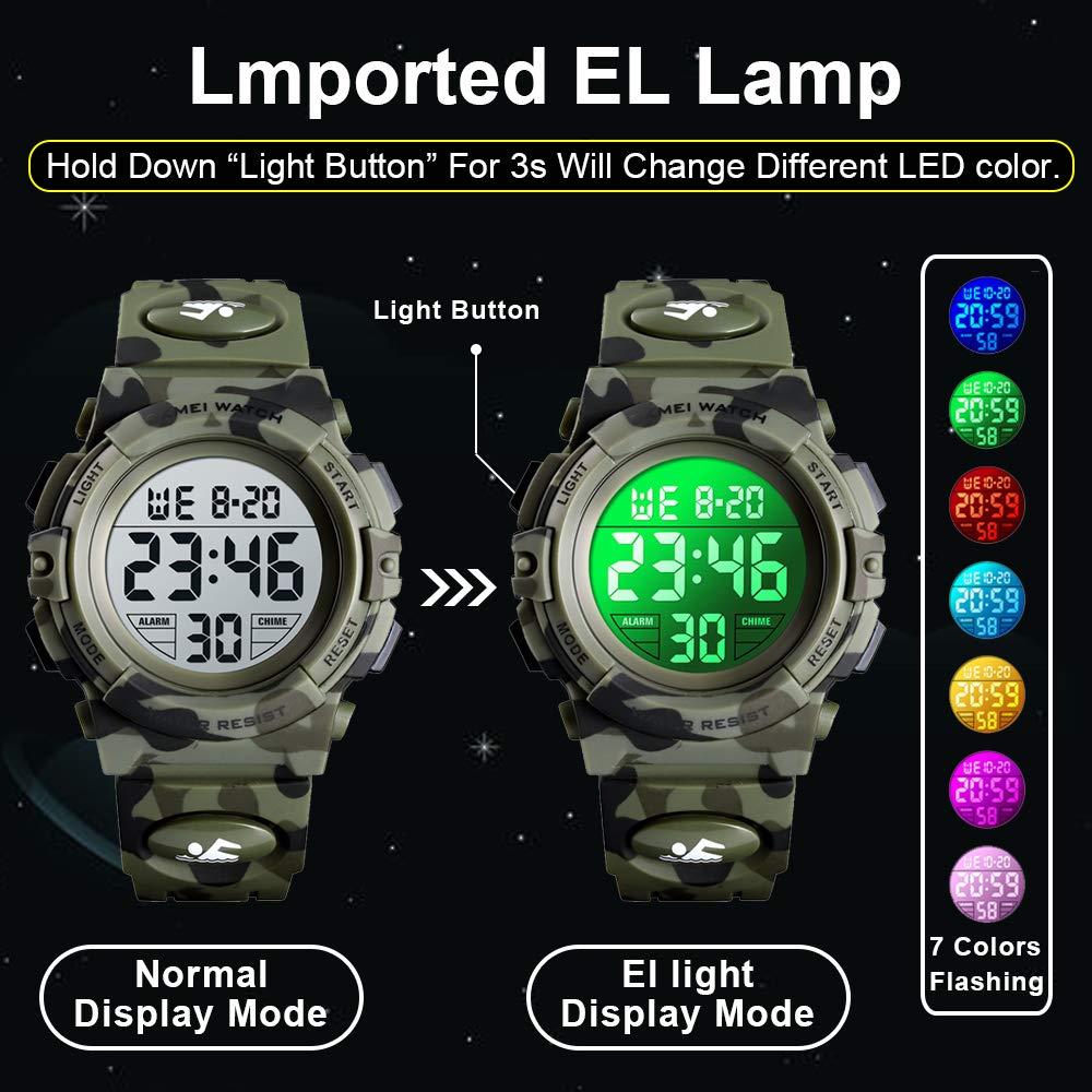 Utimers Boys Digital Sports Watch - Waterproof Kids Watch with Alarm, Timer & LED Light - Durable Silicone Band for Outdoor Activities, Swimming & School Use