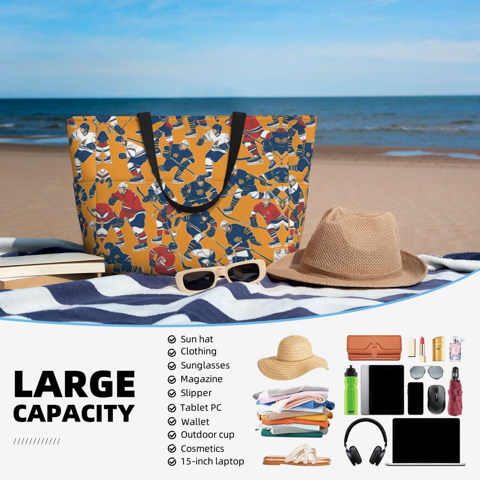 Waterproof Hockey Print Gym Shoulder Bag - Large Fashion Tote for Sports, Beach & Travel - Durable Black Workout Bag for Men & Women | Perfect for Gym, Swimming, Vacation & Outdoor Activities