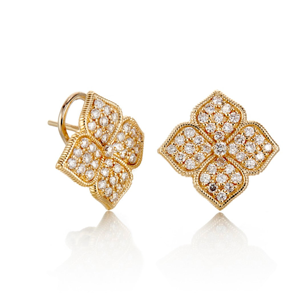 Exquisite 14K Gold Pavé Diamond Floral Earrings for Women - Elegant Dainty Flower Studs for Wedding, Anniversary & Everyday Wear