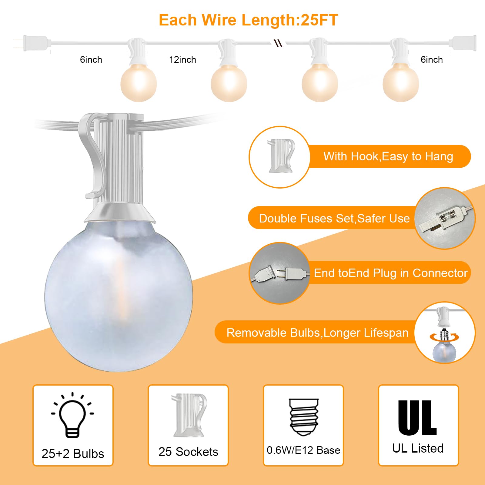 25Ft G40 LED Globe String Lights - 27 Frosted White Bulbs, Waterproof Outdoor Hanging Lights for Garden, Bistro, Pergola & Tent Decor - Perfect for Backyard, Patio & Wedding Decorations