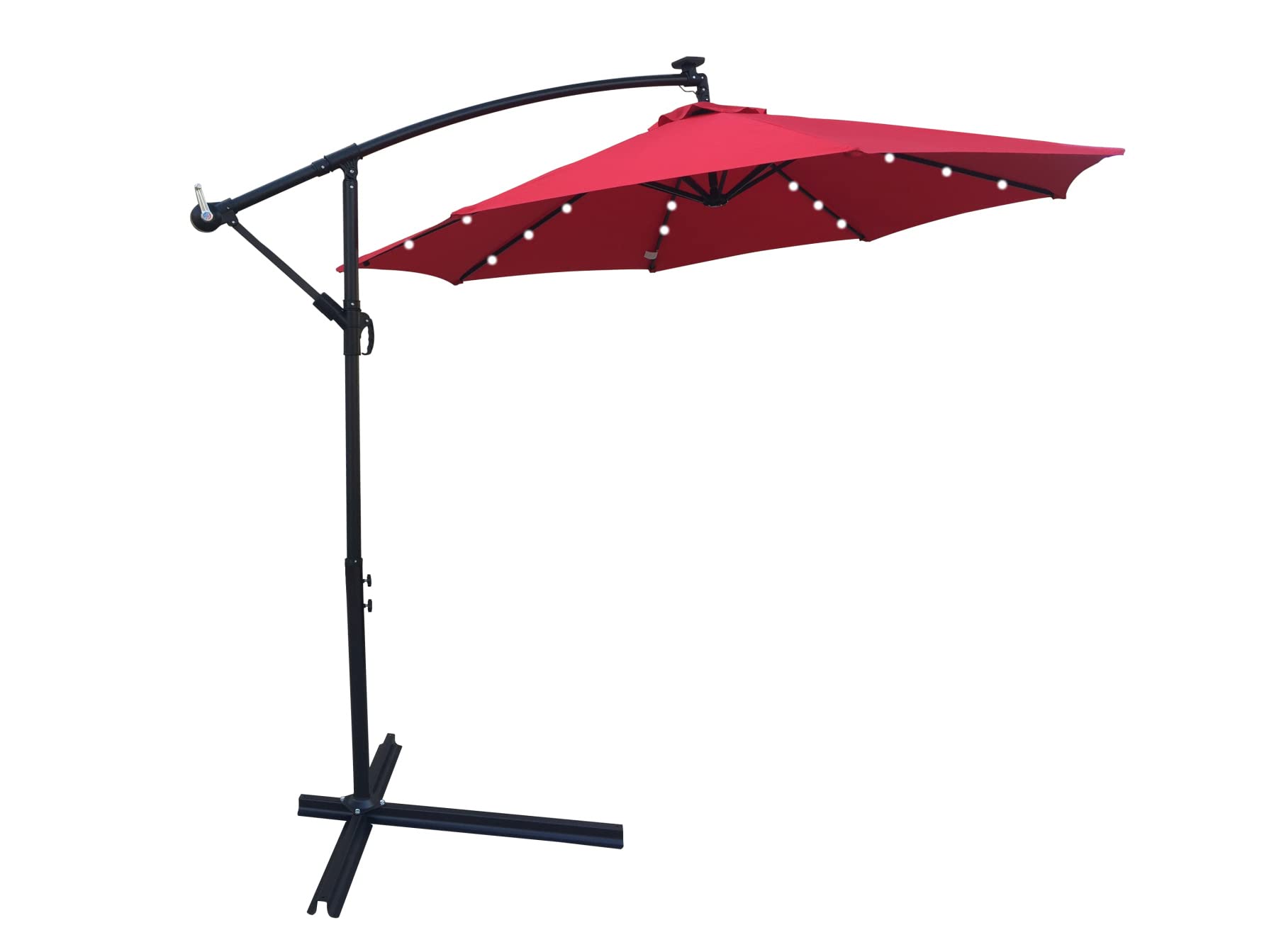 10ft Solar LED Patio Umbrella - Waterproof Outdoor Sun Shade with 8 Ribs, Crank Handle & Cross Base - Perfect for Garden, Deck, Pool Parties & Backyard Relaxation (Red)