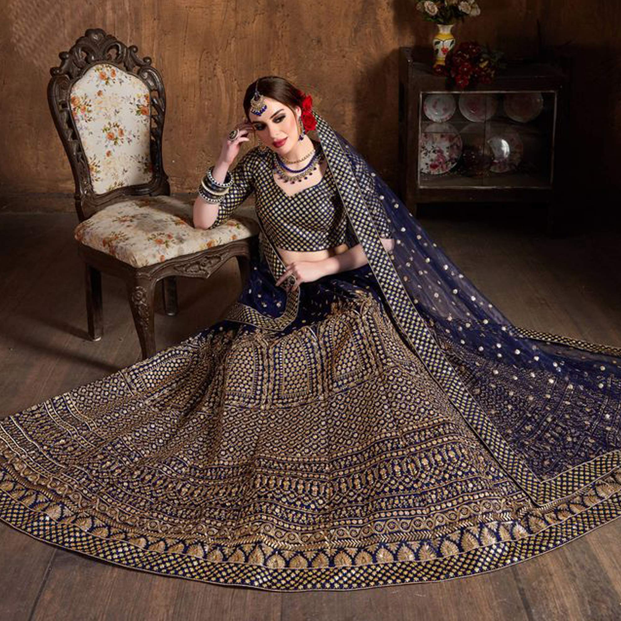 Exquisite Blue Silk Bridal Lengha Suits - Pakistani Designer Semi-Stitched Lahenga with Blouse & Dupatta for Wedding & Special Occasions