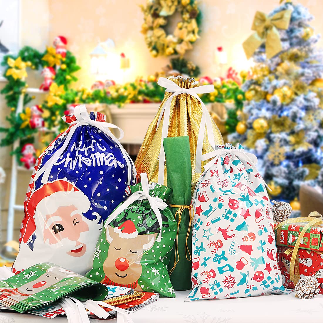 Christmas Drawstring Bag Set - 30PCS Assorted Holiday Party Favors & Treat Bags for Xmas Celebrations, Gift Giving, Stocking Stuffers & Classroom Rewards