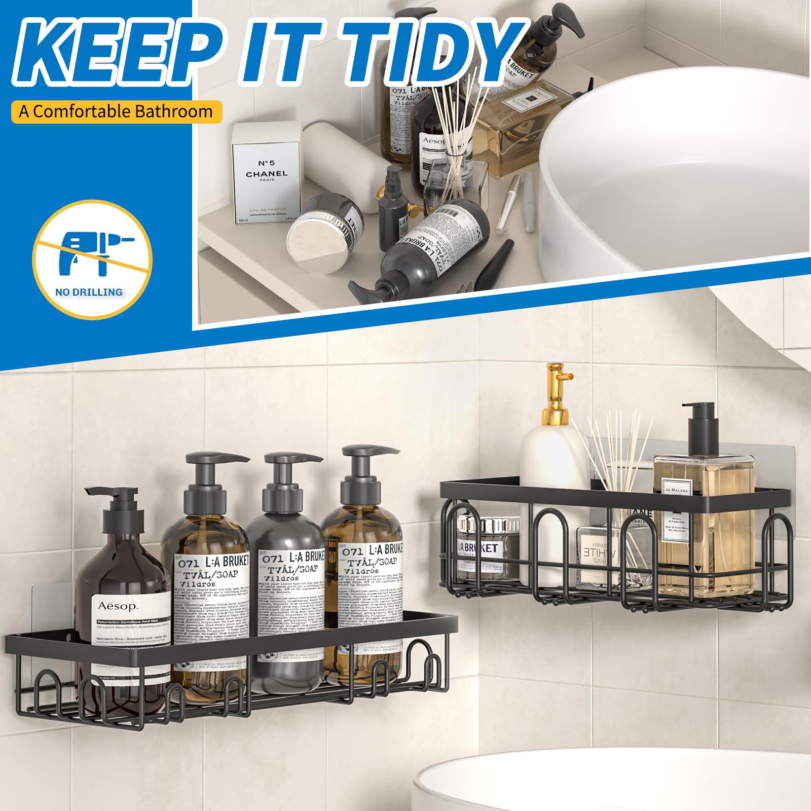 9-Pack Shower Caddy Organizer - Rustproof Stainless Steel Bathroom & Kitchen Storage - No Drill Adhesive Hooks - Large Capacity Shelves for Shampoo, Soap & Towels - Perfect for Small Spaces & Apartment Living (Black)