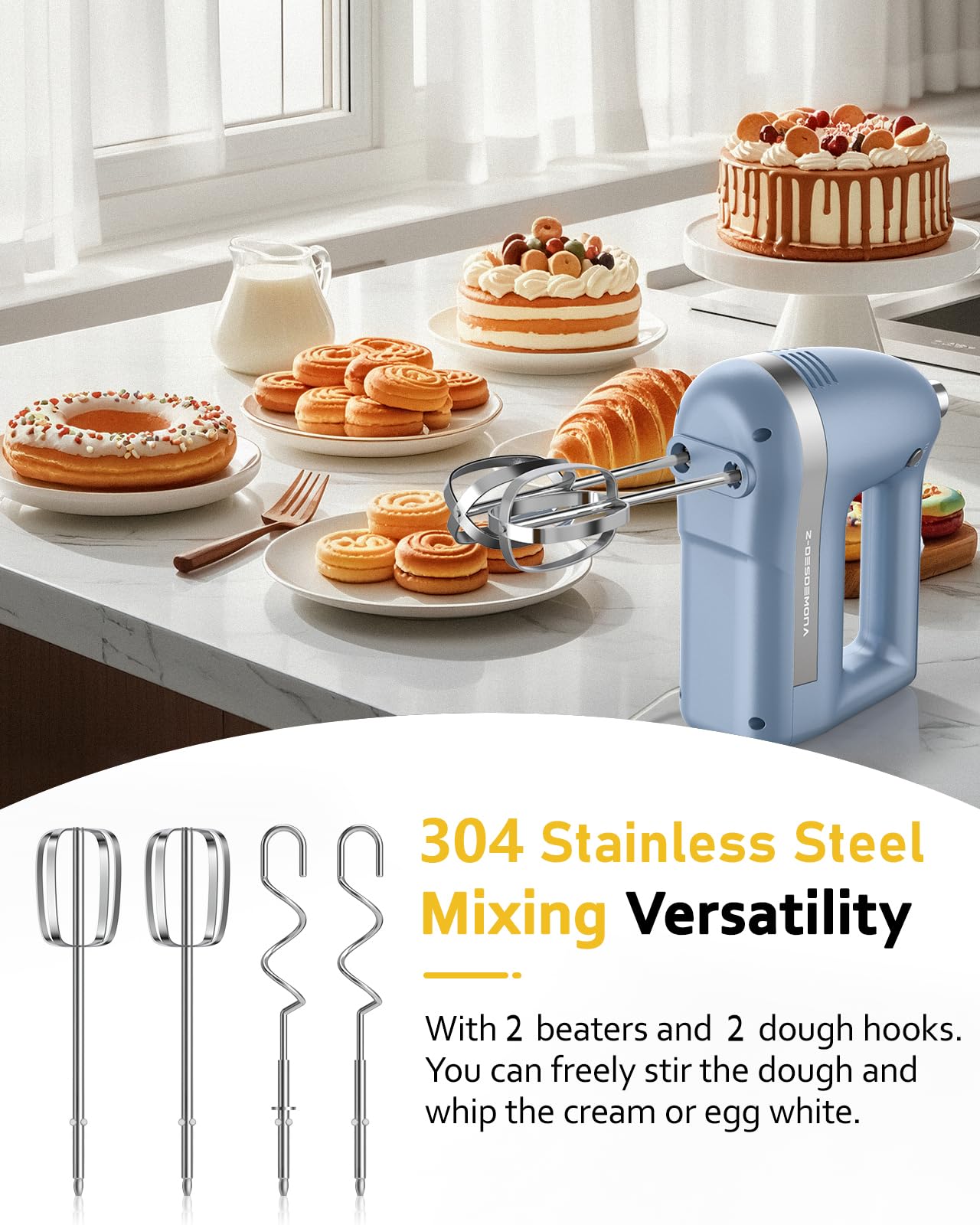 300W Electric Hand Mixer - Powerful Handheld Mixer with 304 Stainless Steel Beaters & Dough Hook - Turbo Function for Baking Cakes, Whipping Eggs & Cream - Perfect for Home Kitchen, Bakeries & Cooking Enthusiasts (Blue)