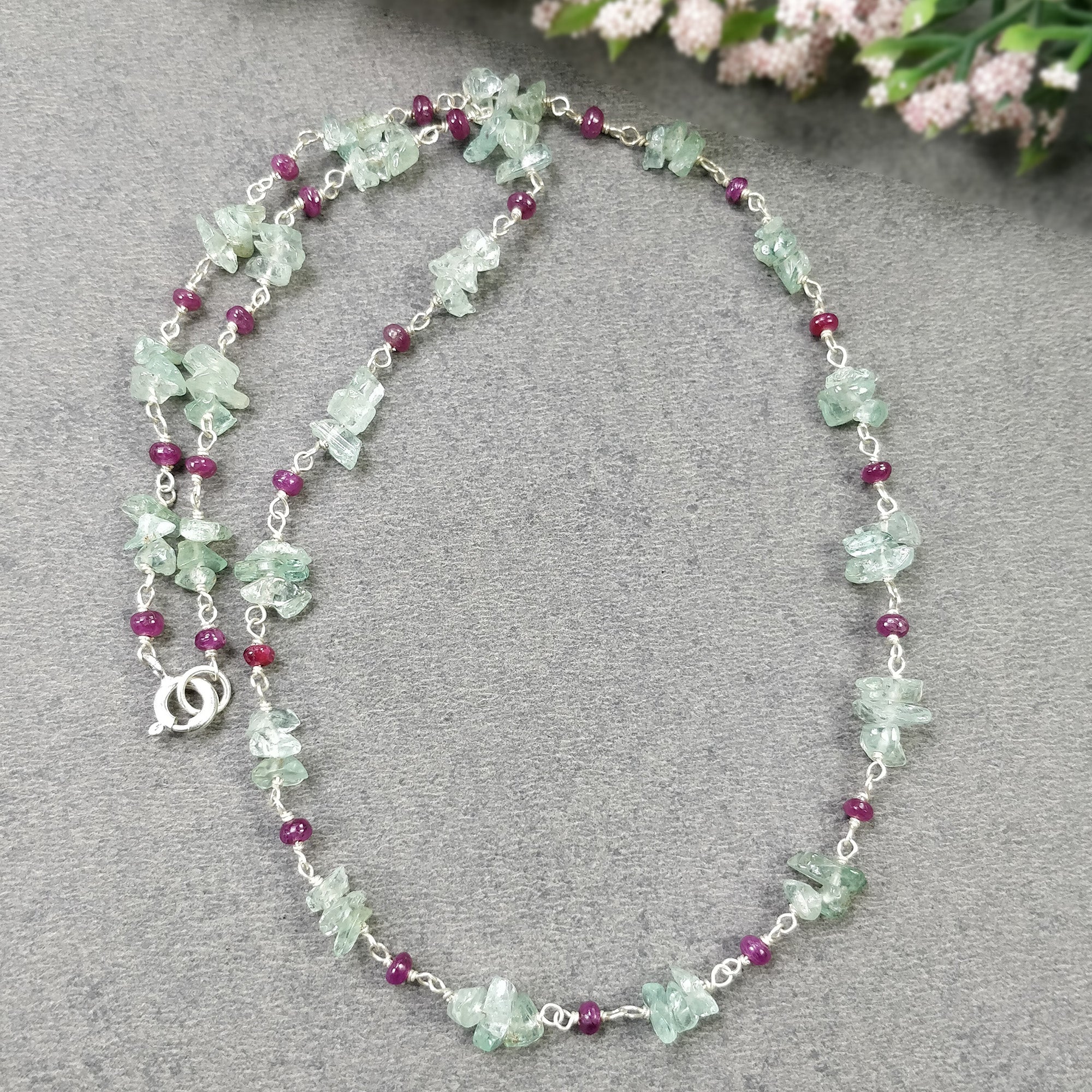 Natural Raw Uncut Emerald & Ruby Gemstone Beads 925 Sterling Silver Chain Necklace - 16 Inch Statement Jewelry Gift for Women, Perfect for Weddings, Parties & Special Occasions