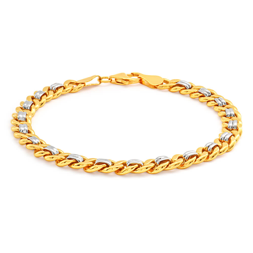 9ct Yellow and White Gold Silver Filled Curb 19cm Bracelet for Women - Elegant Adjustable Chain Link Wrist Jewelry for Daily Wear, Parties & Gifts