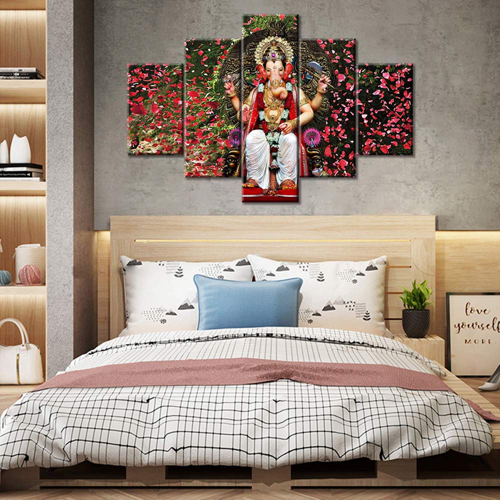 TUMOVO 5-Piece Ganesha Canvas Wall Art Set - Modern Hindu God Ganesha Paintings for Living Room & Bedroom Decor - Wooden Framed Spiritual Posters (60''Wx40''H) - Perfect for Meditation Spaces & Yoga Studios