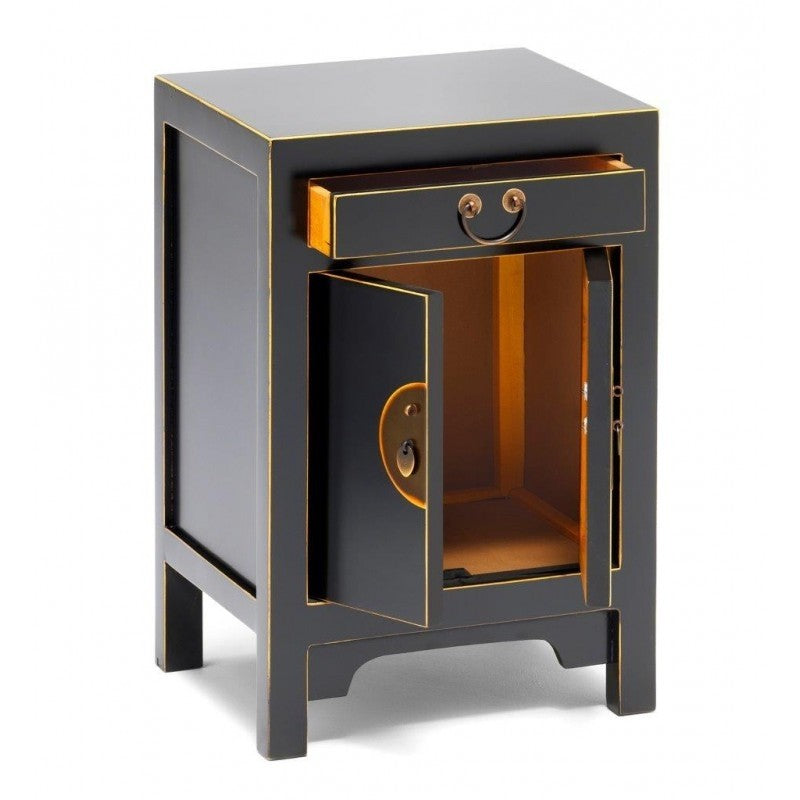 Golden Dragon Oriental Painted Solid Wood Nightstand - Black Bedside Cabinet 40x35x60cm - Perfect for Bedroom Storage & Home Decor