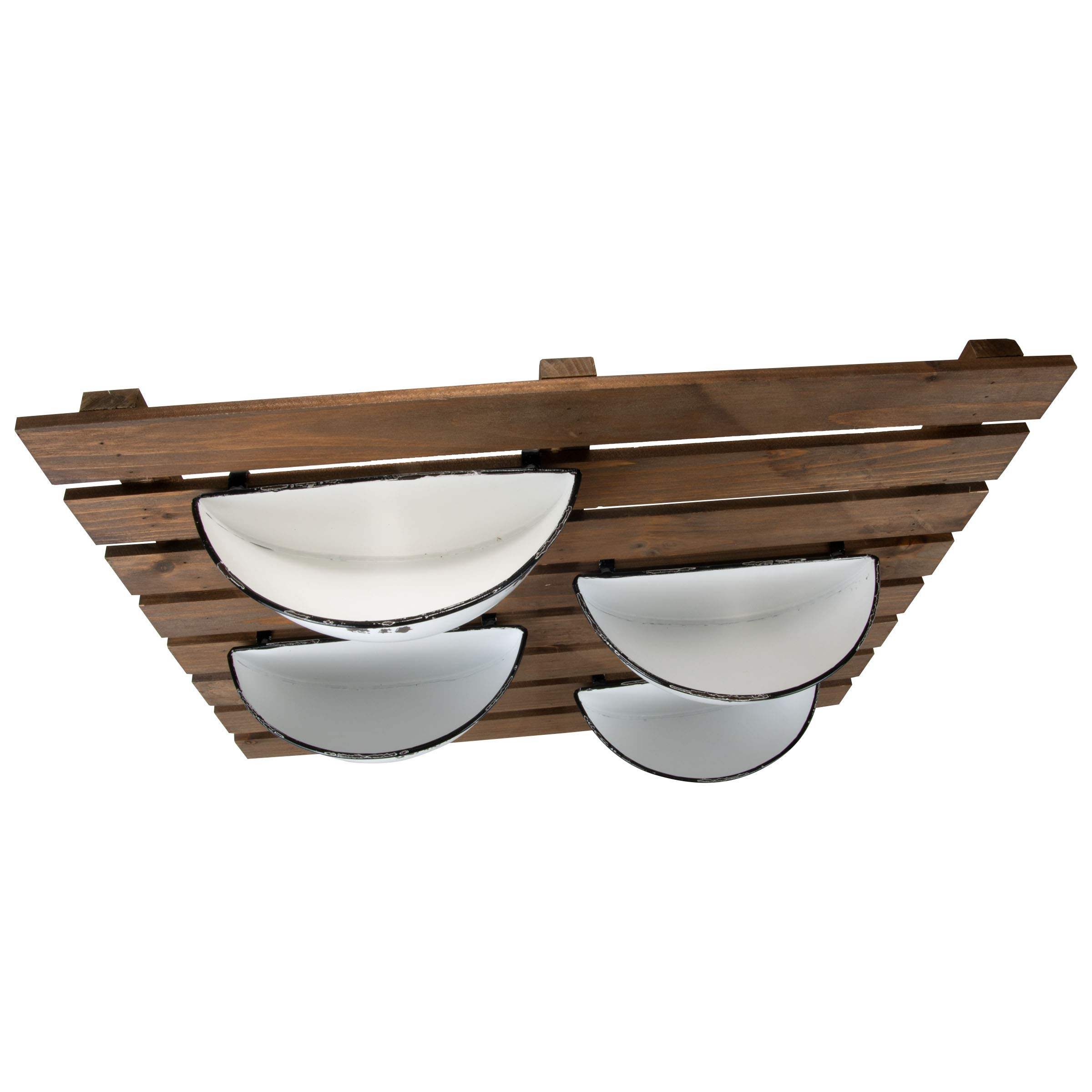 Rustic Slat Wood Wall Planter with 4 Distressed White Enamel Pots - Indoor/Outdoor Hanging Flower Box for Home Garden, Patio, Balcony Decor - Perfect for Herbs, Succulents and Small Plants