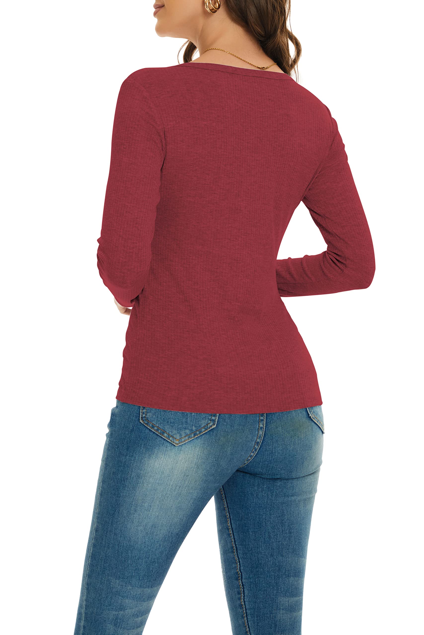 Women's Slim Fit Long Sleeve Henley T-Shirt - Ribbed Knit Button Down Scoop Neck Top for Casual Wear, Work & Date Night Outfits