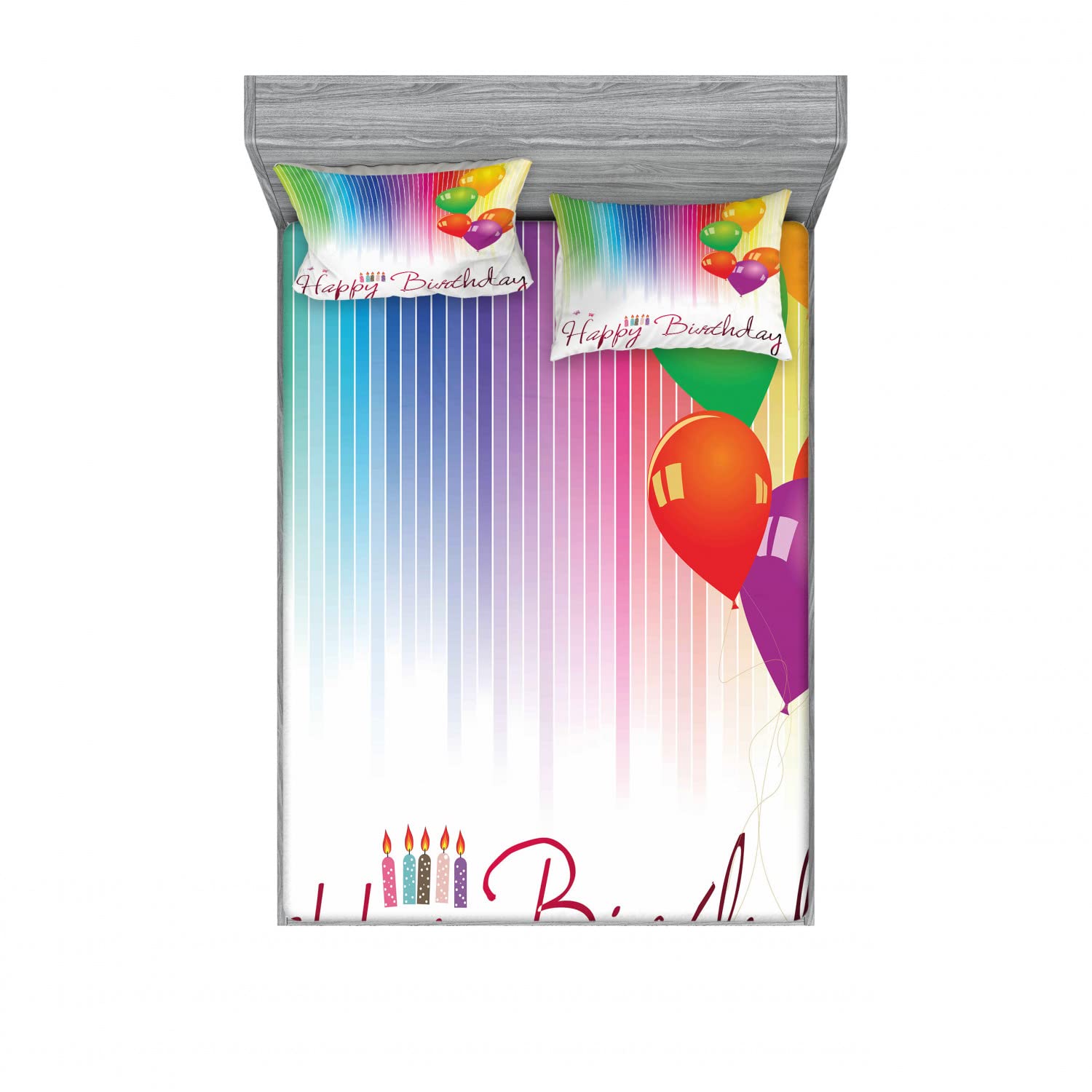 Ambesonne Rainbow 2-Piece Queen Size Fitted Sheet Set with 4 Pillow Shams - Vibrant Multicolor Balloon Print Bedding Decor for Birthday & Party Room Decoration