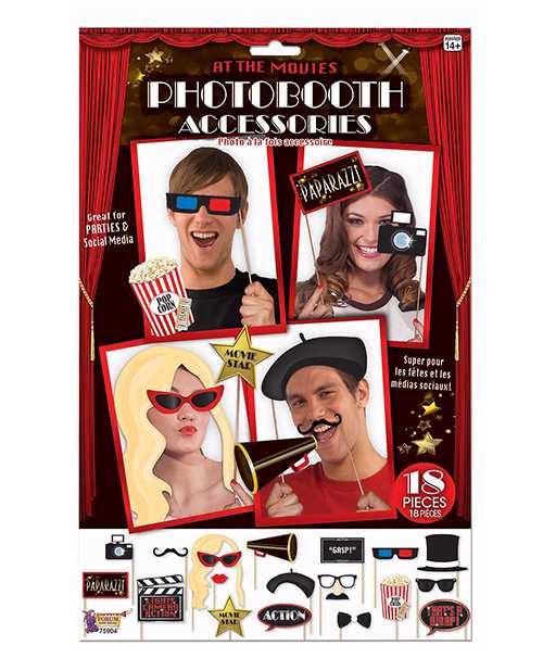 At The Movies Photo Booth Prop Kit - 18 Piece Set for Movie Night, Hollywood Parties & Themed Events