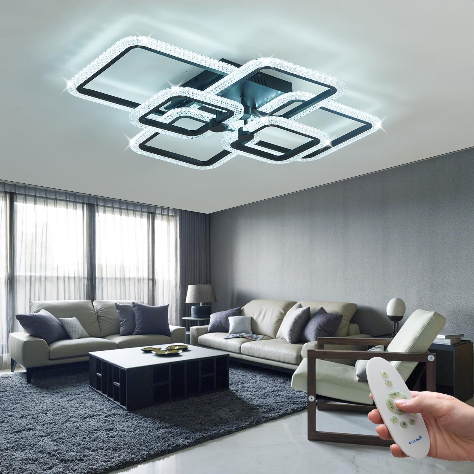 Modern LED Ceiling Light Fixture - Crystal Dimmable Flush Mount with Remote Control, 6 Square Frame Design for Living Room, Dining Room & Kitchen | Perfect for Home Decor, Ambient Lighting & Energy Saving