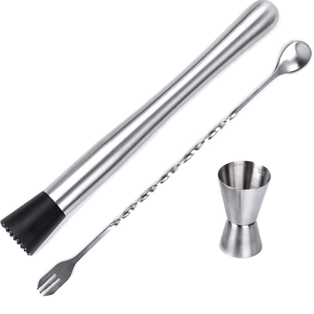 3-Piece Professional Stainless Steel Cocktail Muddler Set - Durable Bar Tool with Pestle & Mixing Spoon for Mojitos, Old Fashioned & Home Bartending