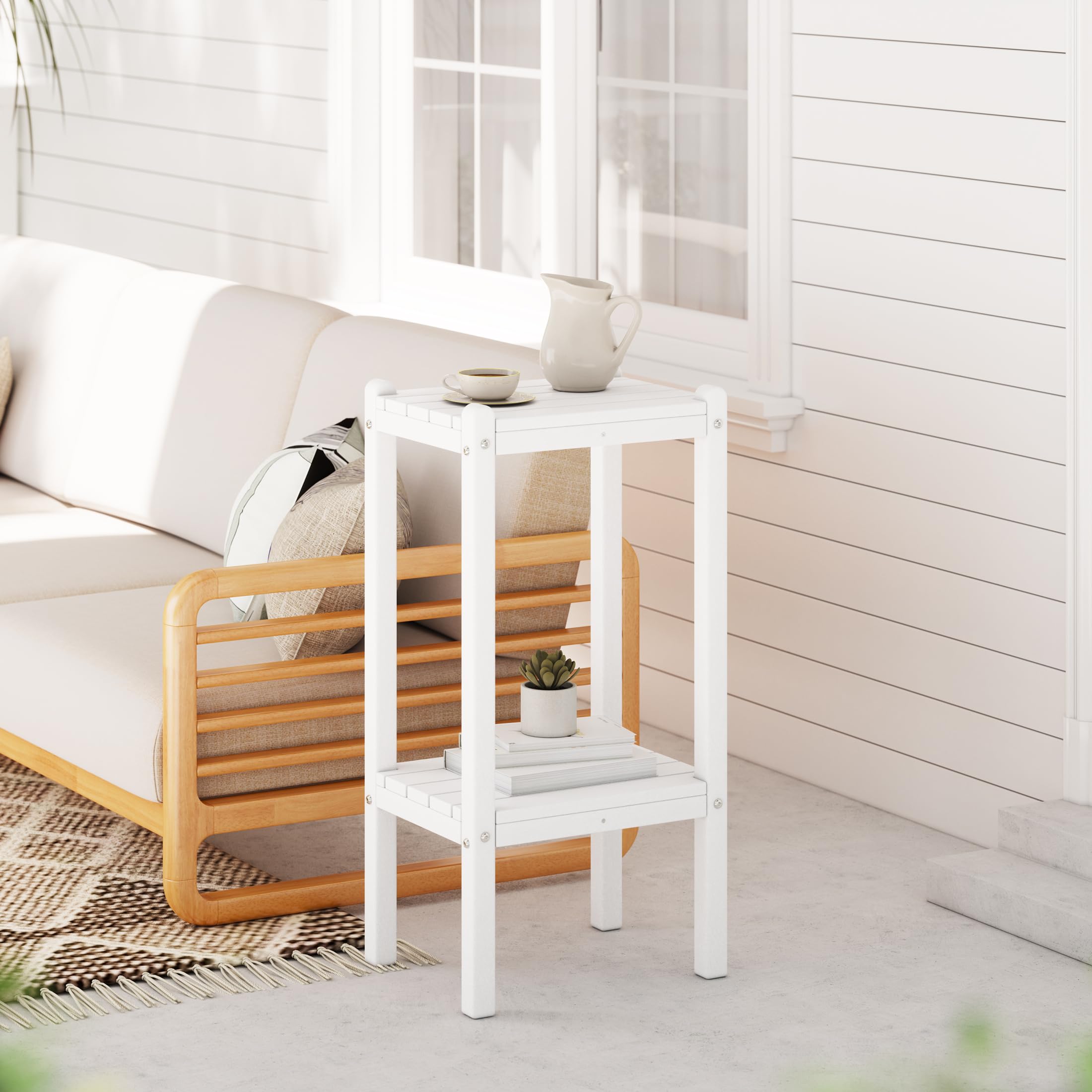 WestinTrends Malibu 36 Inch Outdoor Adirondack HDPE 2-Tier Patio Side Table - White - Perfect for Poolside, Garden, and Backyard Relaxation
