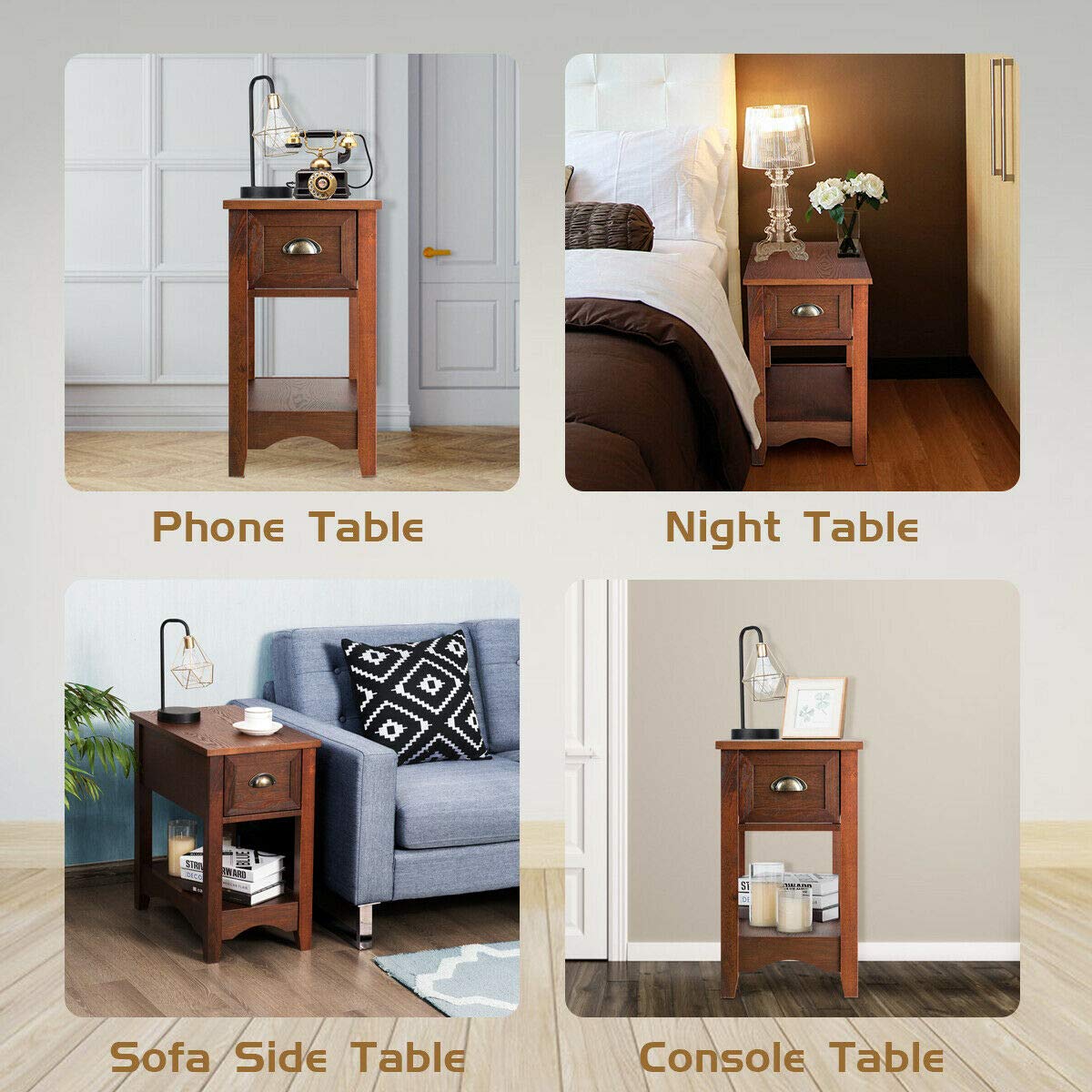 Giantex Retro Narrow End Table with Drawer & Storage Shelf - Solid Wood Nightstand for Bedroom, Living Room, Home Office - Perfect Small Space Solution for Bedside Storage & Decor (Walnut)