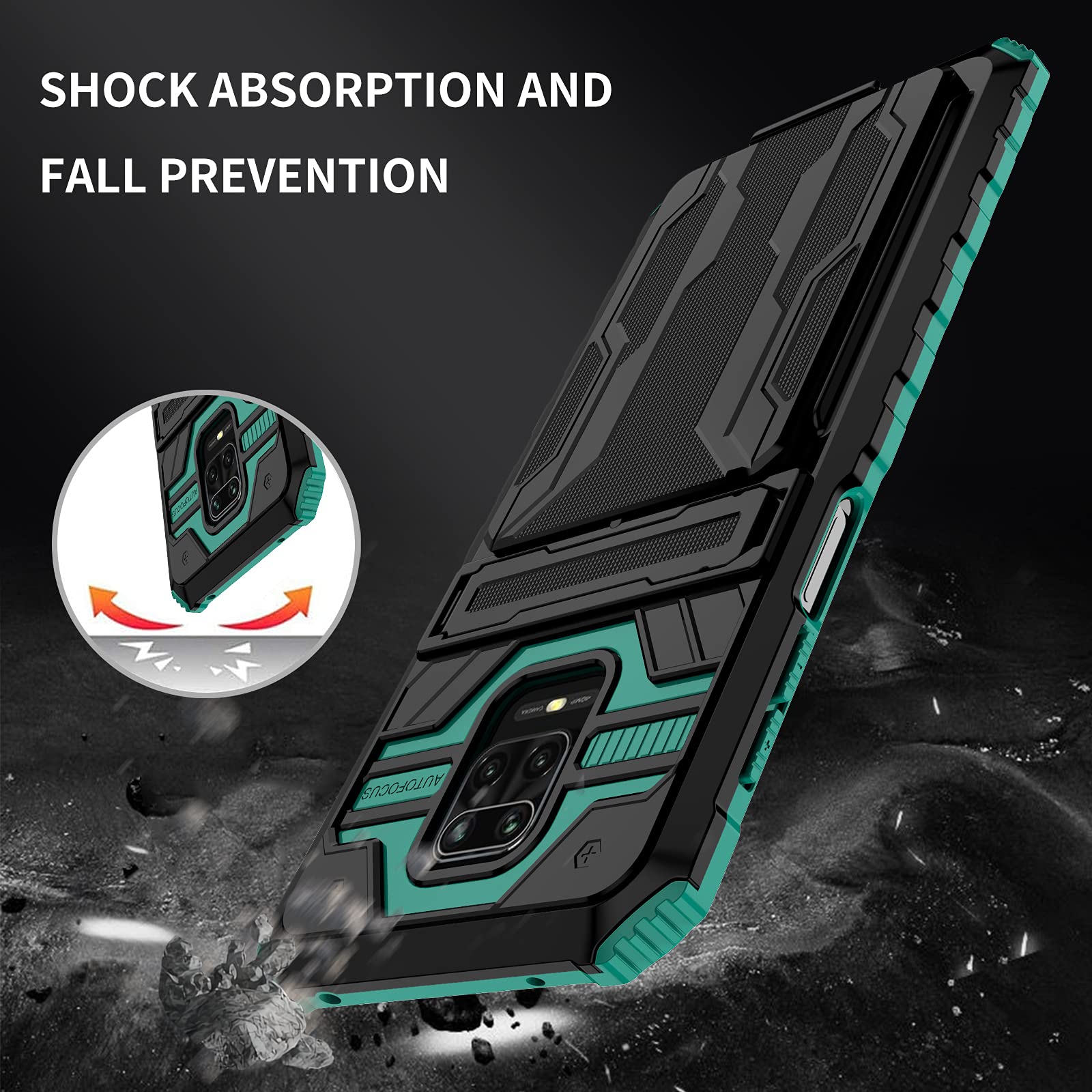 Premium Shockproof Phone Case for Xiaomi Redmi Note 9 Pro/Note 9S/Note 9 Pro Max/Poco M2 Pro - 2 in 1 Protective Cover with Tempered Glass Screen Protector & Built-in Credit Card Holder Stand (Green) - Perfect for Daily Use, Travel, and Hands-Free Viewing