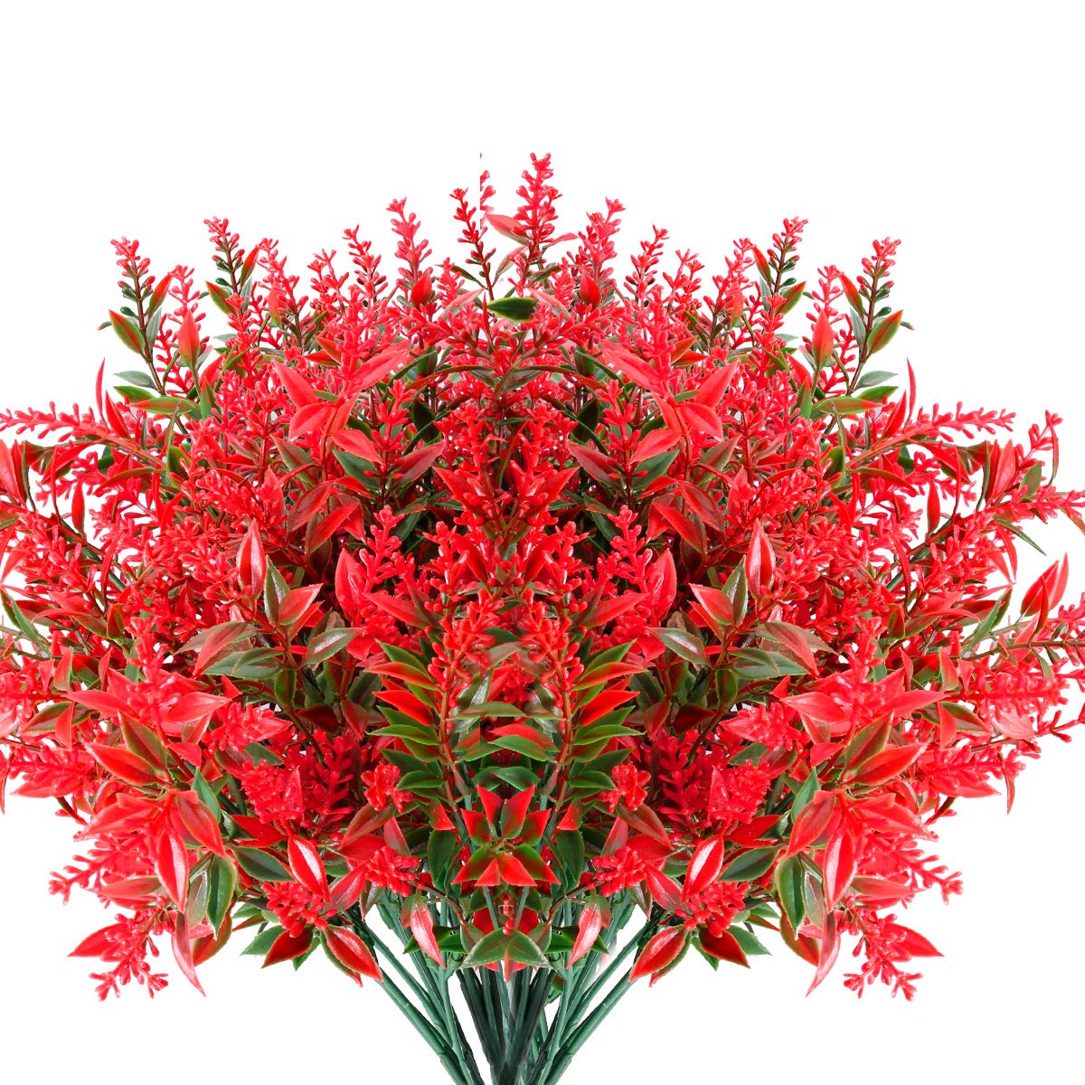 UV Resistant Artificial Lavender Flowers - 8 Bundles Fade Proof Fake Plastic Plants for Outdoor Garden, Porch & Window Box Decor - Perfect for Home, Wedding & Party Decoration (Red)