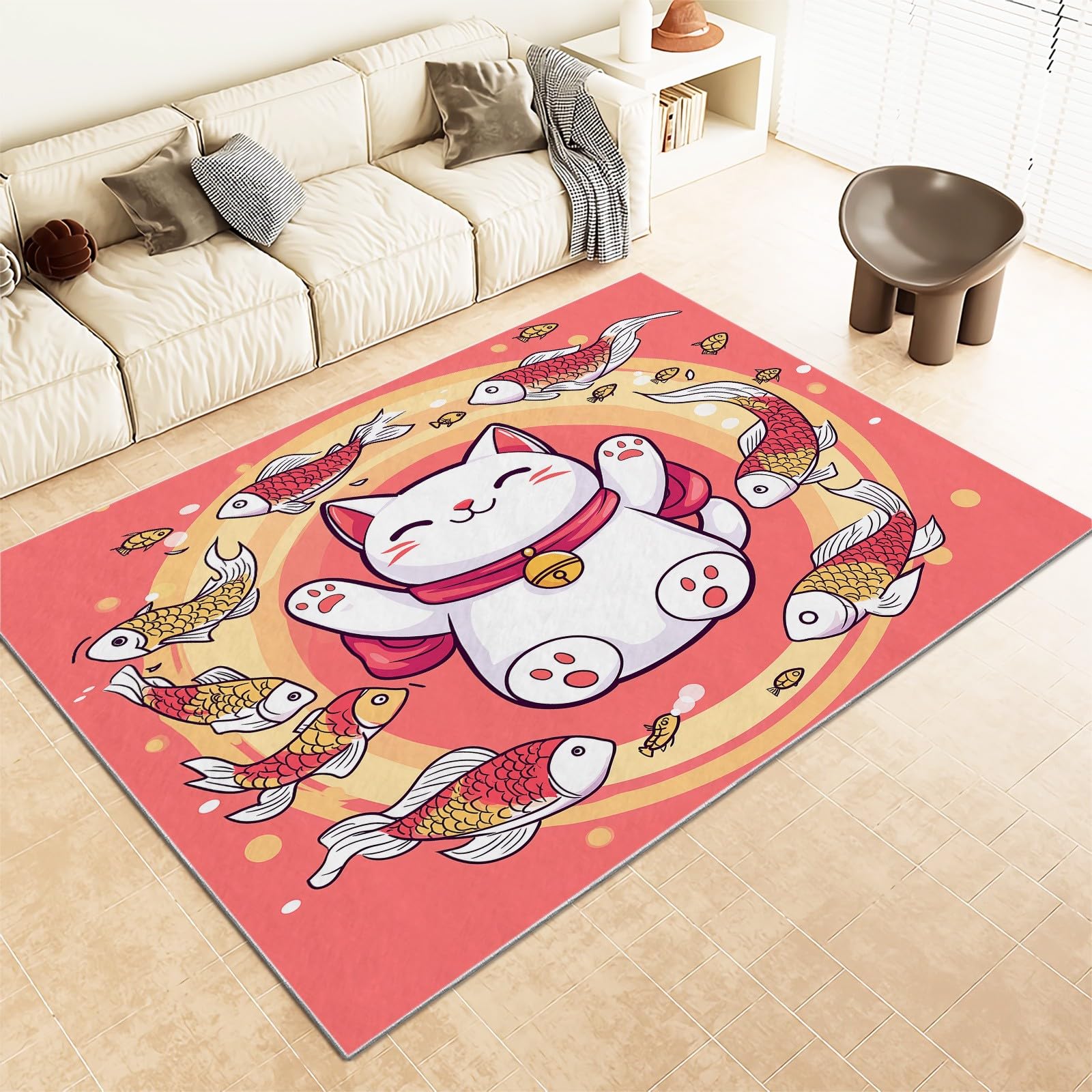 6x9 ft Cartoon Cat and Fish Ultra Soft Washable Area Rug - Non-Slip Indoor Carpet for Living Room, Nursery, Kids Room, Dorm & Home Office Decor | Perfect for Cozy Spaces & Play Areas