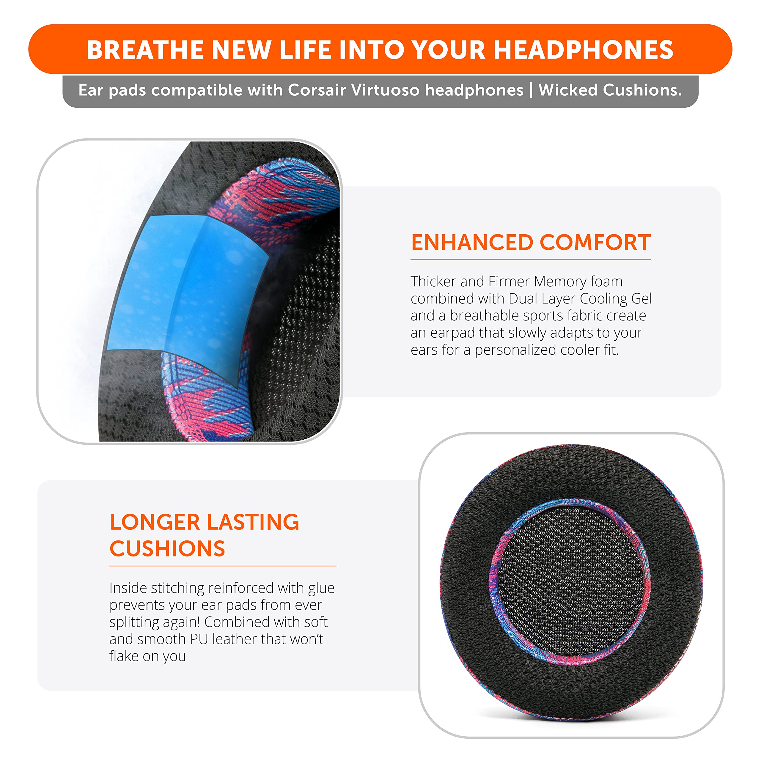 Wicked Cushions Freeze Virtuoso - Premium Hybrid Fabric Cooling Gel Earpads for Corsair Virtuoso Gaming Headset | Enhanced Durability, Comfort & Noise Isolation | Perfect for Long Gaming Sessions & Hot Climates
