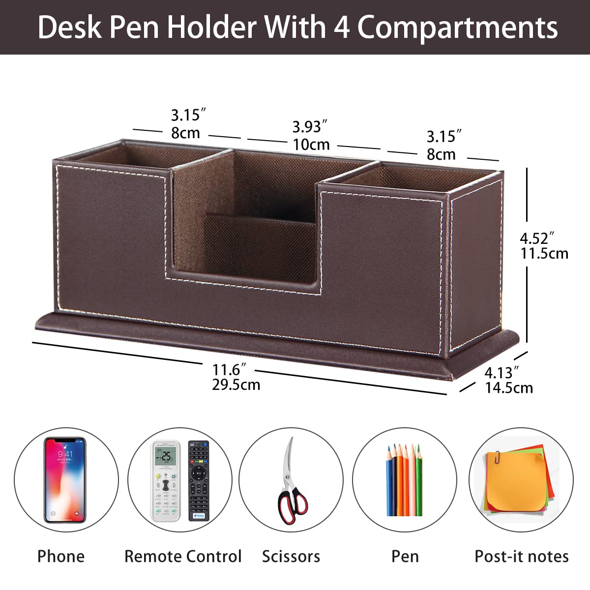 PUSU PU Leather Desk Pencil Holder - 4 Compartment Multifunctional Desk Organizer for Pens, Pencils, Business Cards & Phone - Executive Office Desk Accessories for Home & Office Workspace Organization