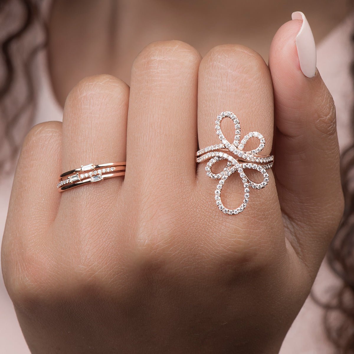 14K Rose Gold Three Band Baguette and Round Diamond Stacking Rings for Women - Perfect for Layering, Anniversary Gifts & Everyday Elegance