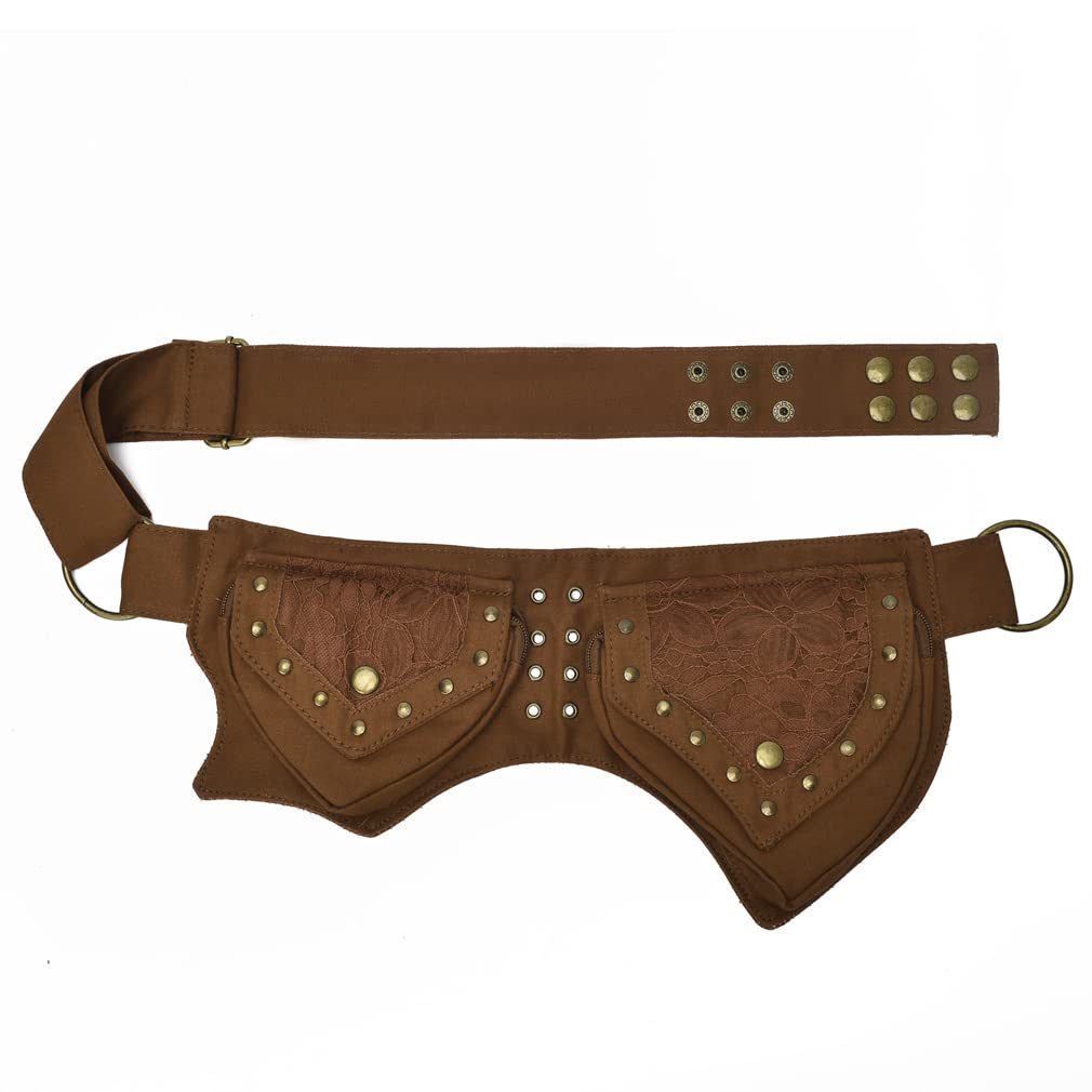 **KPYWZER Women's Cotton Fanny Pack - Lace Waist Bag for Renaissance Faire, Festival, Travel, Workout & Outdoor Activities - Brown Hip Belt Money Pouch for Daily Use**