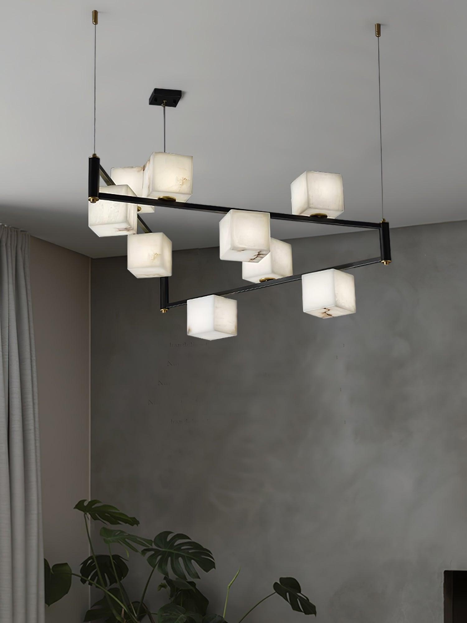 Modern Alabaster Square Box Chandelier - Elegant Ceiling Light Fixture for Dining Room, Living Room & Bedroom Lighting
