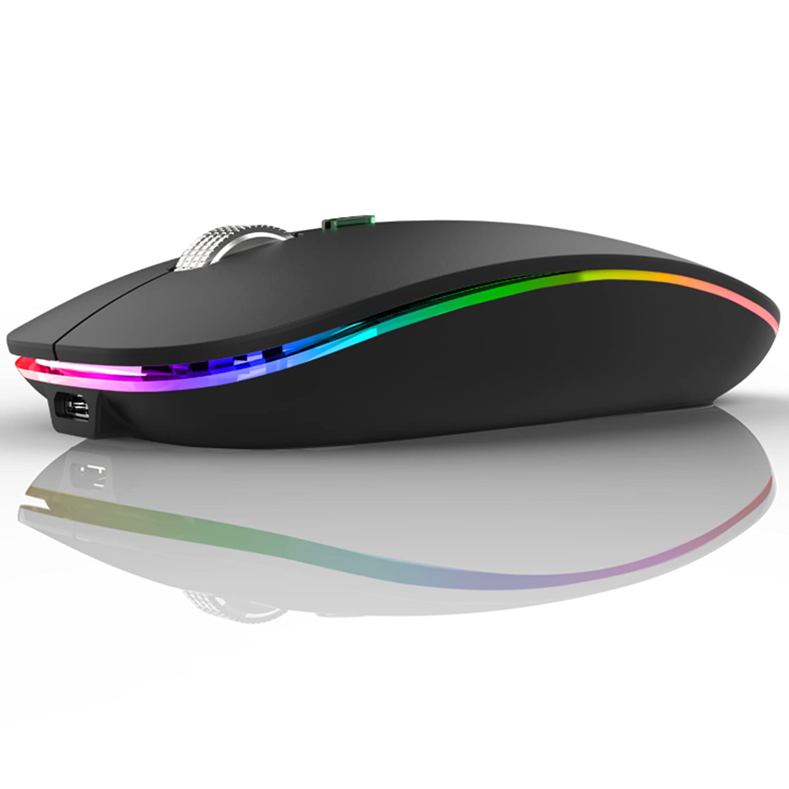 TENMOS Wireless Bluetooth Mouse - Slim Silent Rechargeable Mouse with LED, Bluetooth 5.1/5.0 & 2.4GHz USB, Type-C Adapter for MacBook, iPad, Laptop (Matte Black) - Perfect for Office, Travel & Home Use
