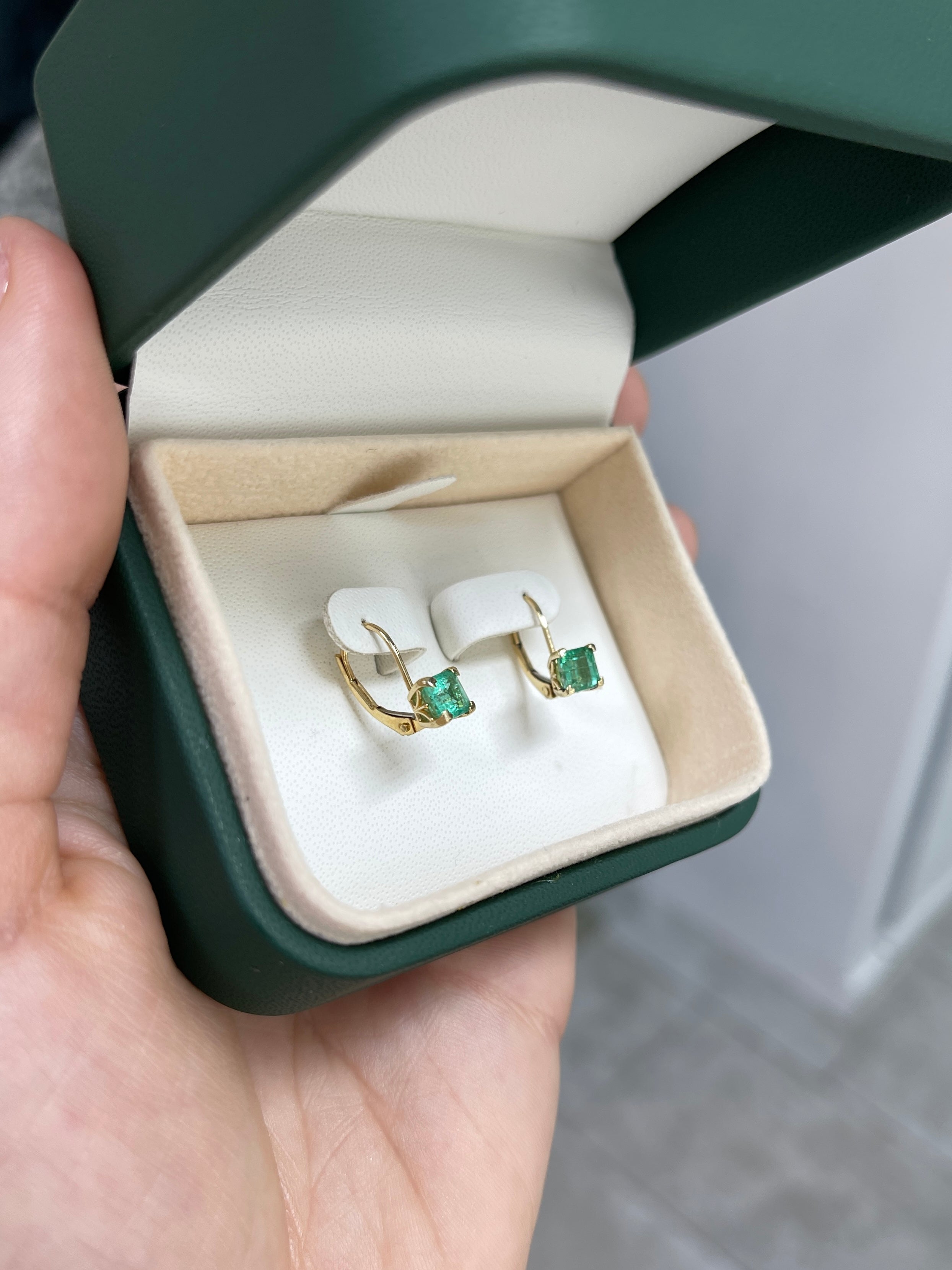 1.44tcw Square Emerald Leverback Fleur De Lis Earrings 14K Gold - Elegant Dangle Earrings for Women, Perfect for Weddings, Parties & Special Occasions